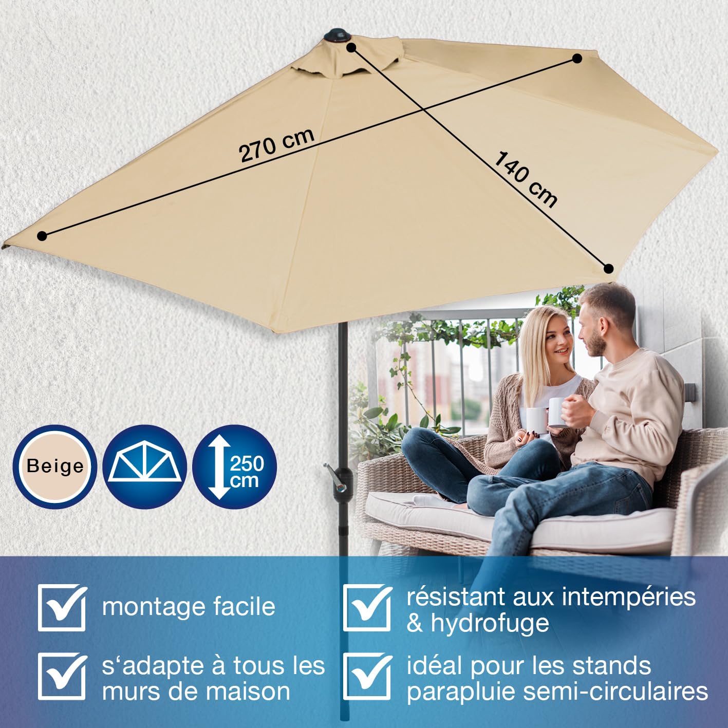 TV Unser Original Easy. maxx Parasol de Balcon Semi-Circulaire Beige