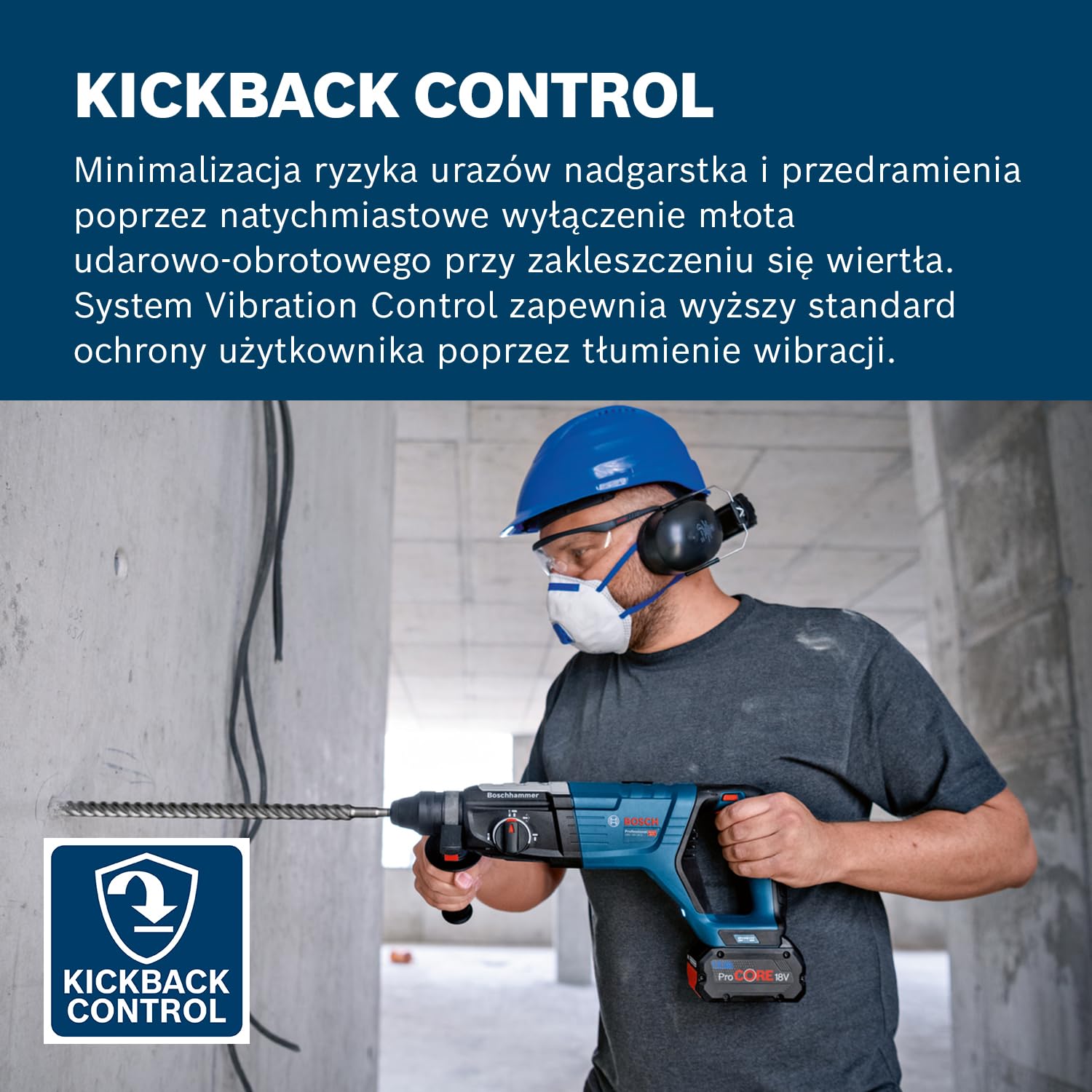 System profesjonalny 18 V firmy Bosch: akumulatorowy młot udarowo-obrotowy GBH 18V-28 D (KickBack Control, rękojeść dodatkowa, ogranicznik głębokości, walizka XL-BOXX, bez akumulatora/ładowarki)