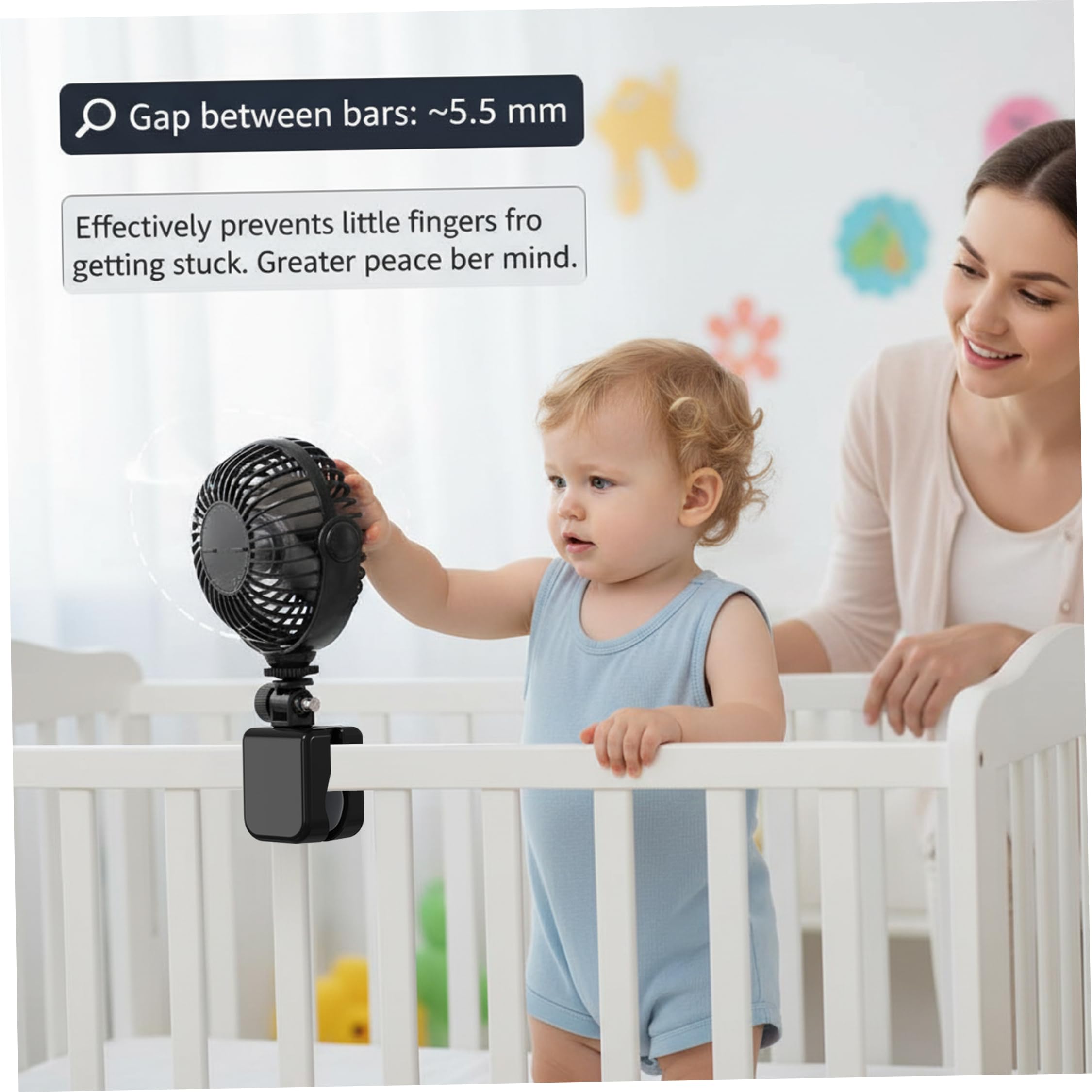 Ventilador para cochecito de bebé, con rotación completa de 720°, batería recargable de 2000 mAh, rejilla de seguridad, se adapta a cochecito, cuna, negro ·1
