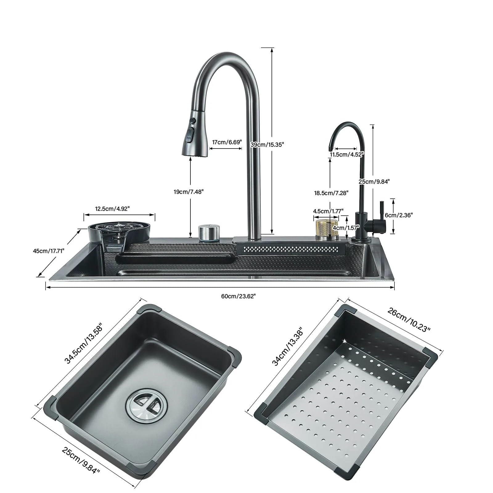 Küchenspüle aus Edelstahl mit Becherspüler, Wasserhahn, großer Einzelschüssel mit Seifenspender, Wasserfall- und Regenfunktion, 4-Funktionen System, Spülbecken Spüle 60x45cm