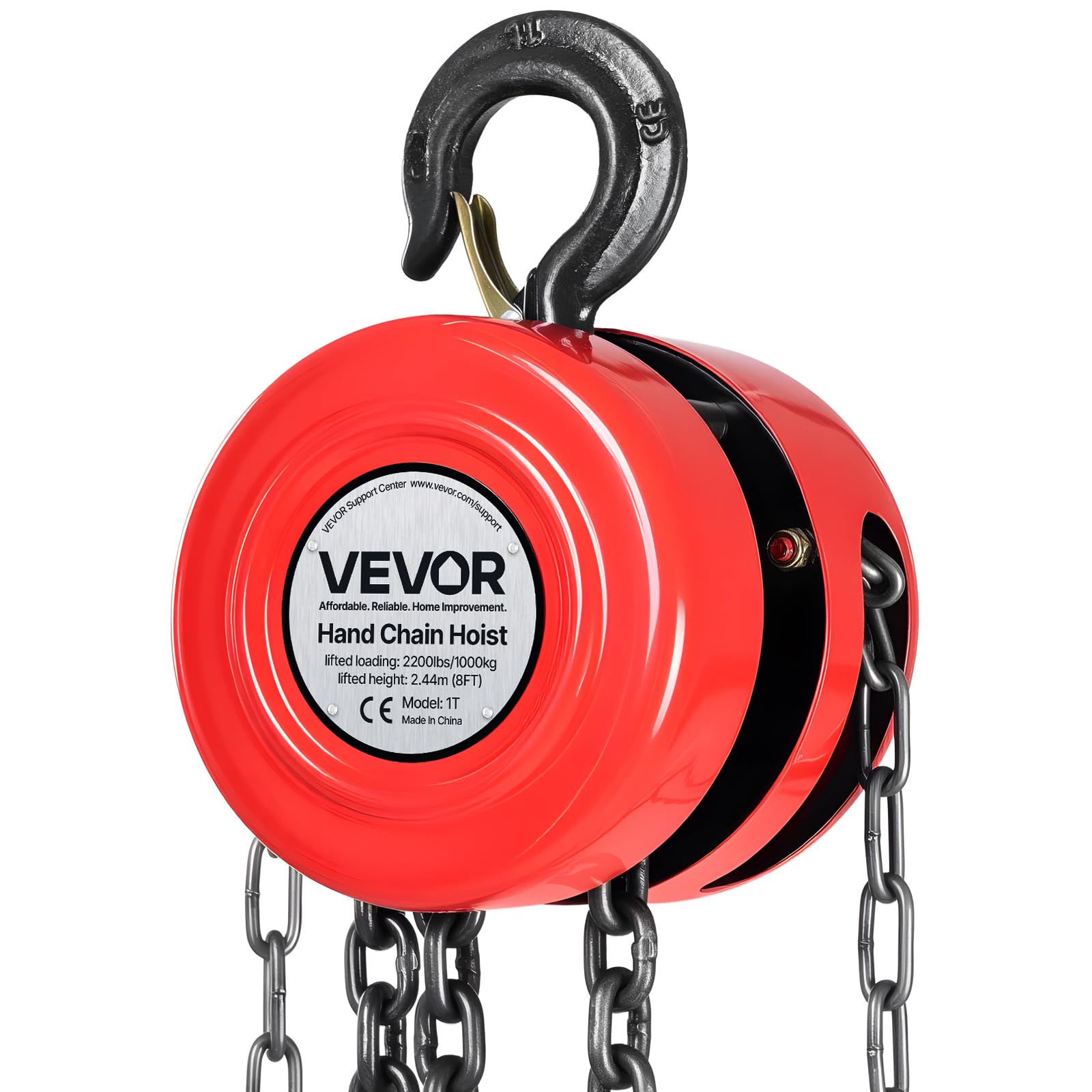 VEVOR Palan Manuel à Chaîne, Capacité Charge 1 T, Hauteur de Levage 2,44 m, avec Crochet Robuste, Chaîne G70, Frein Sécurité Mécanique, Levage de Marchandise pour Garages, Chantiers, Entrepôts, Rouge