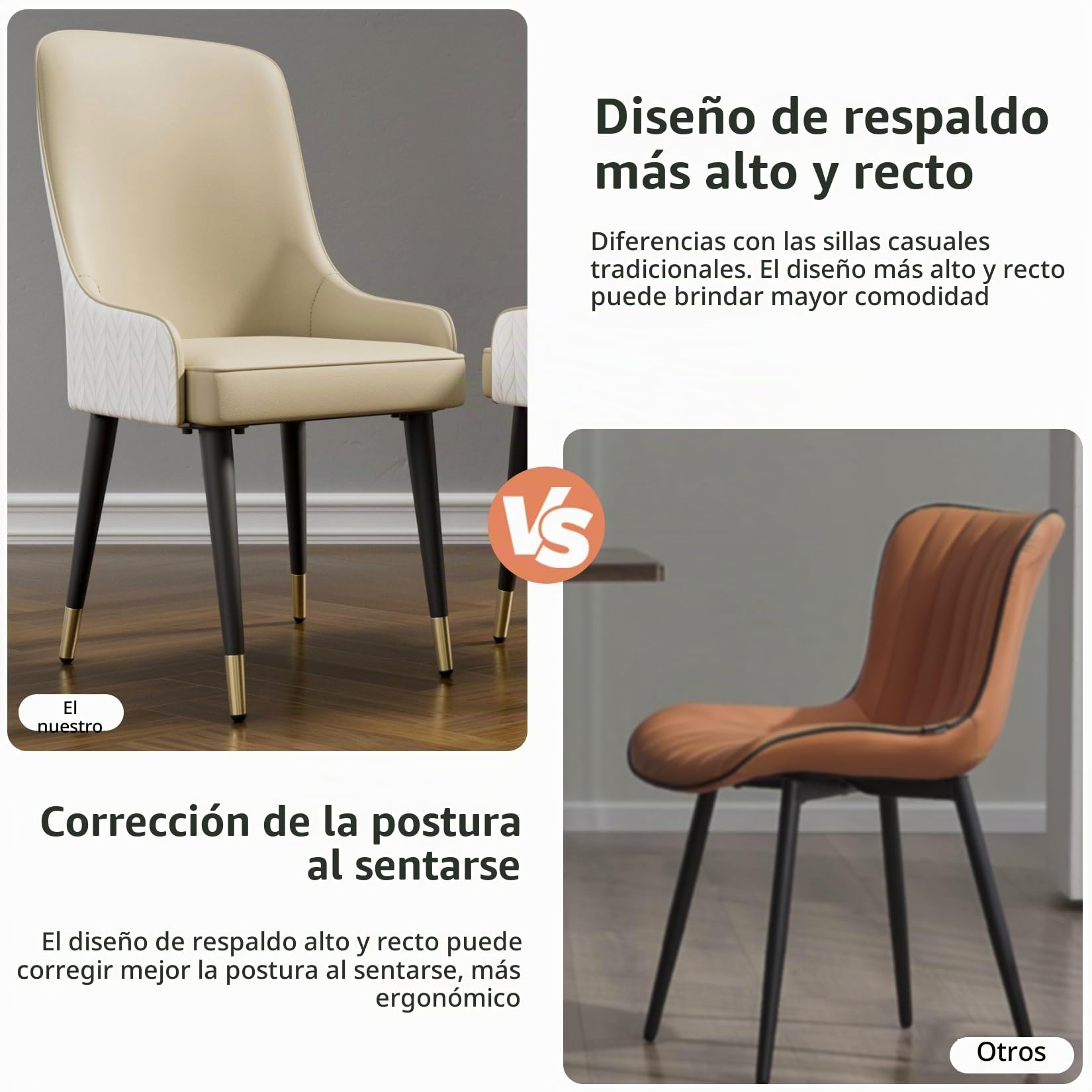 FATIVO Sillas de Comedor de Cuero: Sillas de Comedor Modernas 2 Pzs, Sillas de Cocina con Patas Metálicas y Tapizado en Piel Sintética, Respaldo Alto y Diseño Cómodo (Beige)