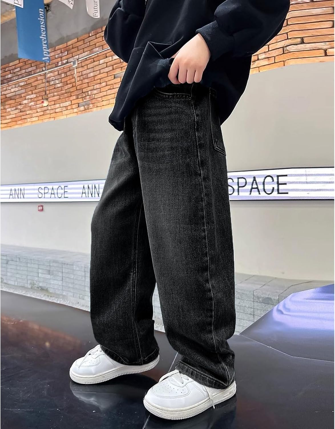 Boy's Kids Baggy Jeans Elastic Waist Pull On Denim Pants Fleece Winter Straight Wide Leg Jeans 6-14 Years