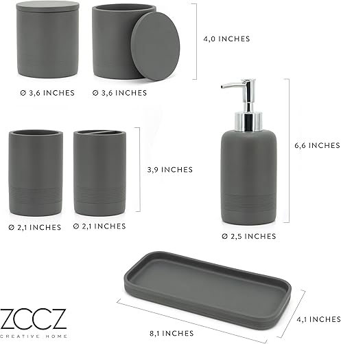 Vista 64 de ZCCZ Juego de accesorios de baño blanco de 6 piezas, soporte para cepillos de dientes, dispensador de loción, recipiente Qtip, bandeja de tocador