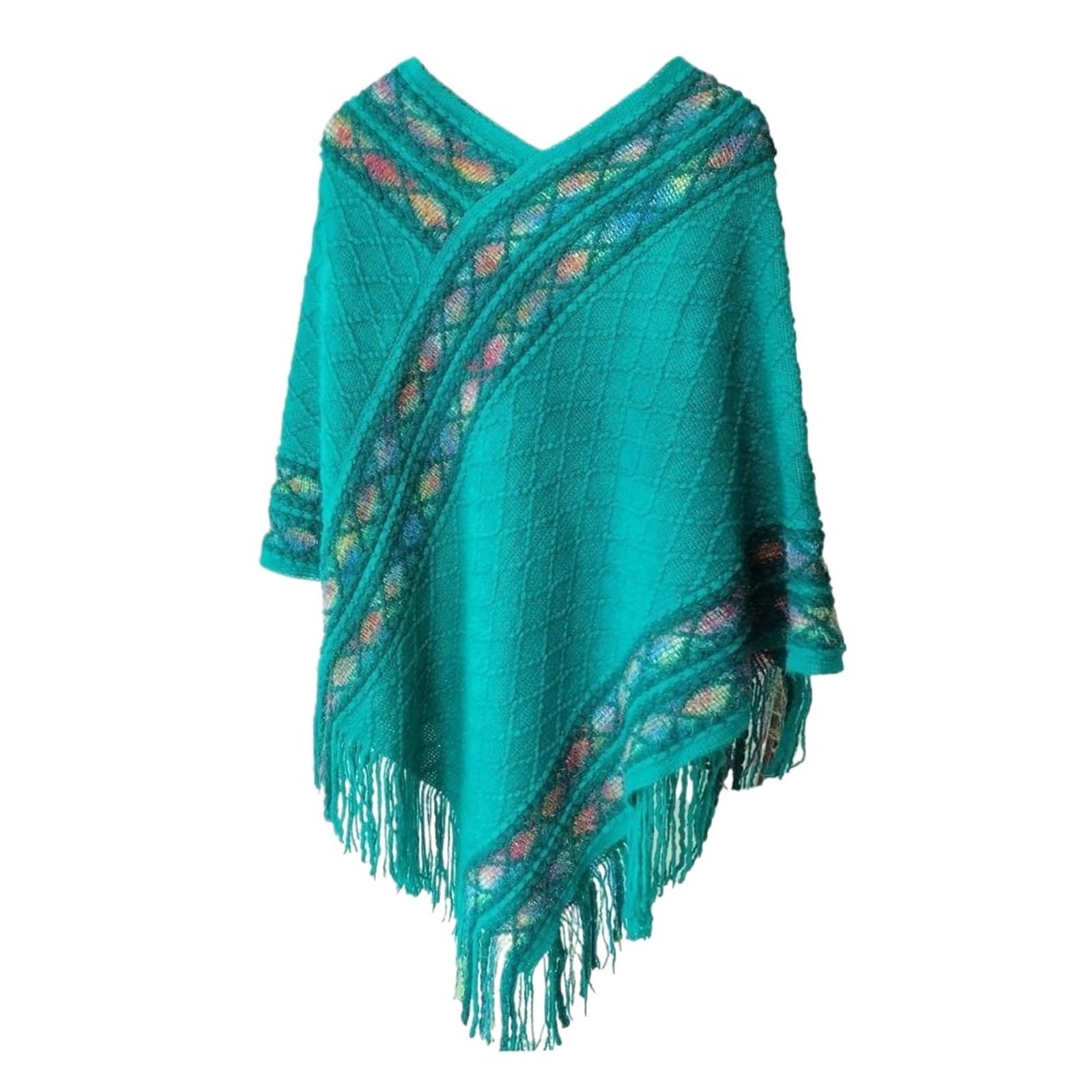 Yxinaer Women's Peacock Blue Knitted Shawl Poncho Poncho Soft Knitted Cape Rhombic Stripe Tassel Shawl Coat Overlays Knitting Wraps(Peacock Blue)