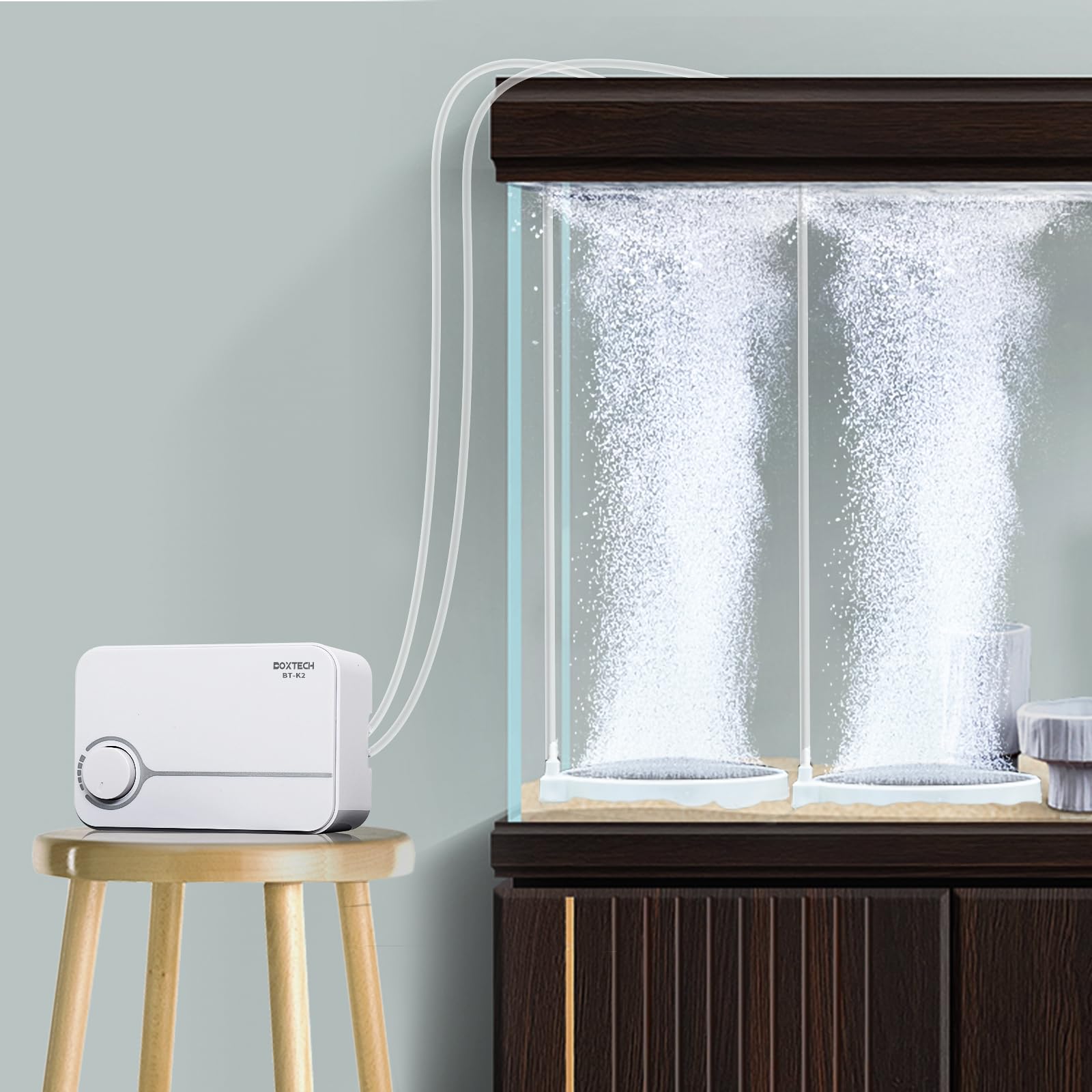 boxtech Pompa ad aria per acquario, 5 Watt, pompa per ossigeno regolabile, 2 prese d'aria. Pompa a membrana regolabile, pompa per pesci per acquari