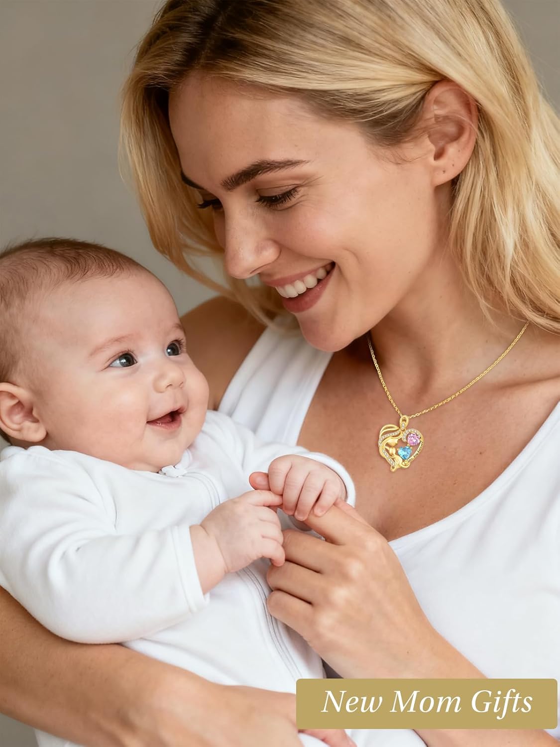 14K Gold Double Birthstone Heart Necklace for Women Mom, Mother Son/Daughter Pendant Necklace for Christmas Mother's Day Birthday Gifts for Wife Daughter Grandmom