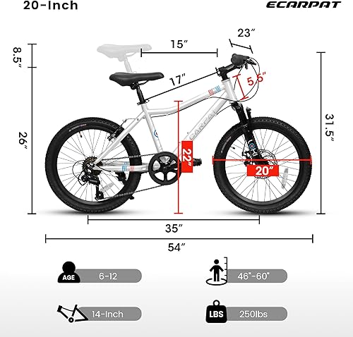 Miniatura 3 de Bicicleta de montaña para niños de 20 pulgadas, bicicleta de montaña para niños y niñas de 8 a 12 años, 7 velocidades para adolescentes, bicicletas