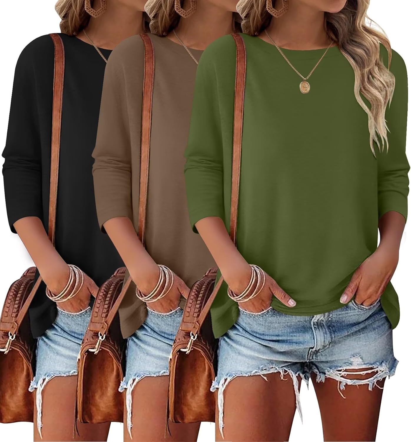 Bliwov 3 Pack 3/4 Sleeve Tops for Women Crewneck Basics Casual Work Tees Spring Summer Trendy T Shirts 2026 Clothes Blouses