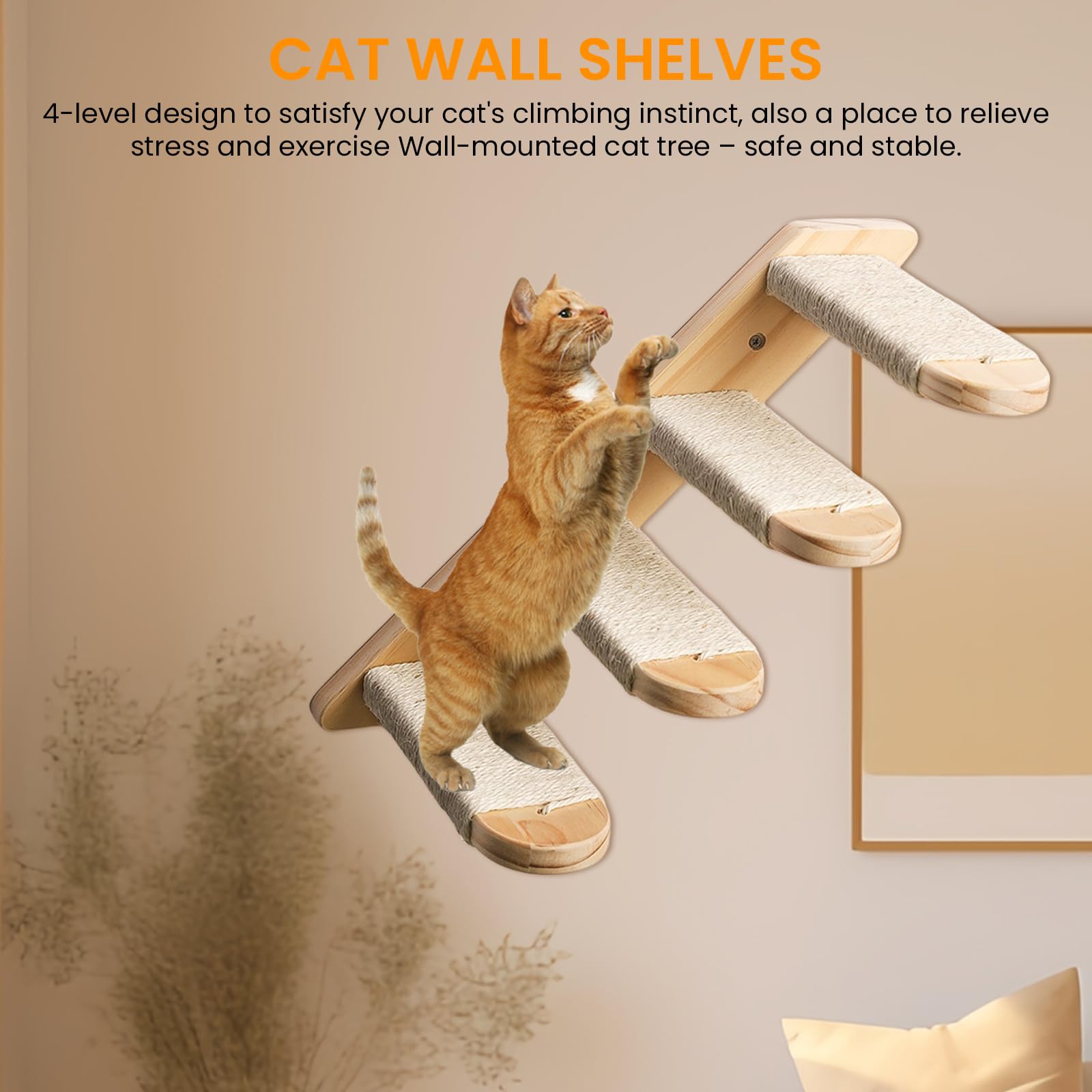 Scale per gatto, arrampicata e mobili per gatti in legno di quercia massiccio, scaletta fino a 15 kg, parete per arrampicata, corda di iuta