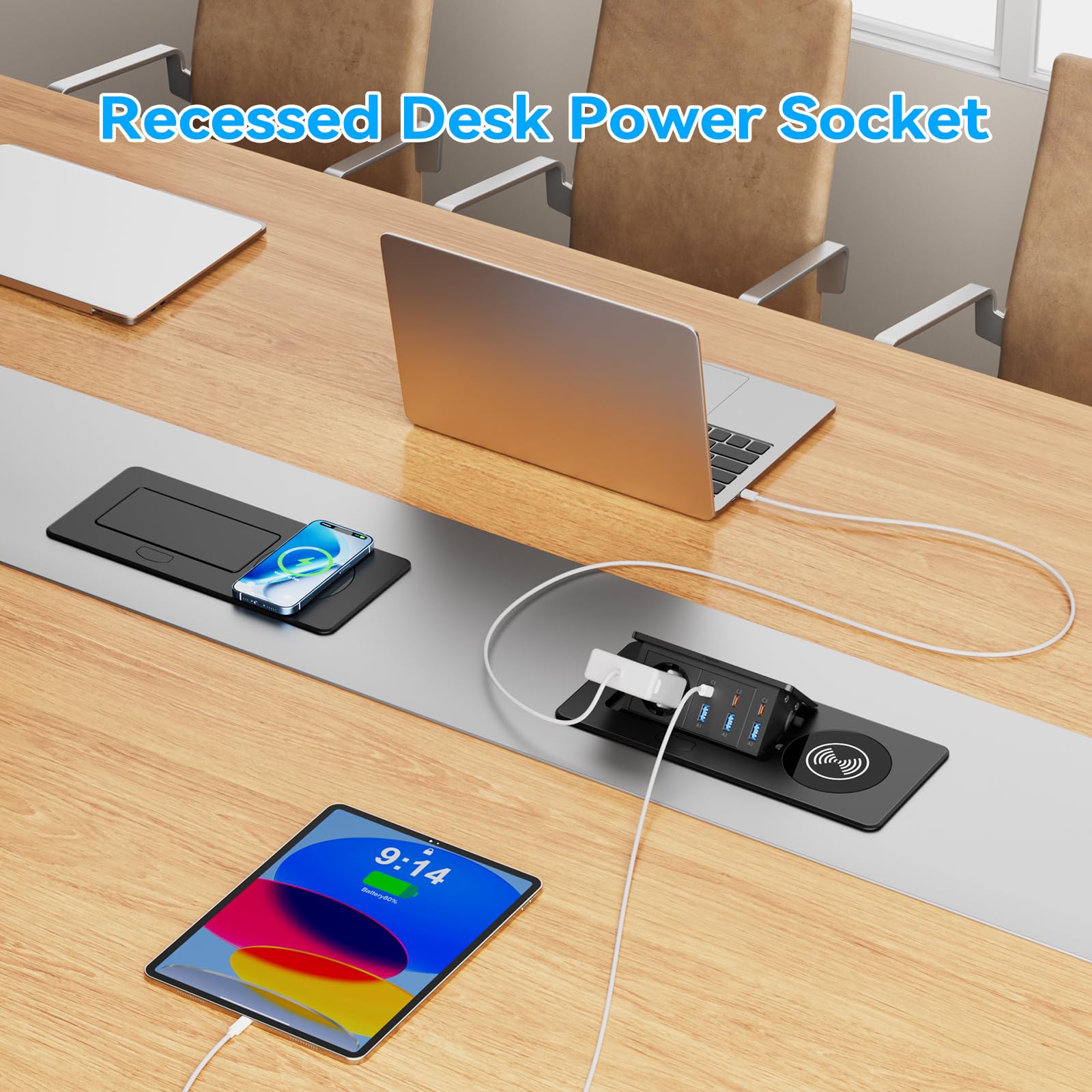 Wysuwane gniazdko z 3 portami USB C, gniazdko stołowe, gniazdko do zabudowy, z kablem 2 m, chowana listwa zasilająca z USB, blat stołu