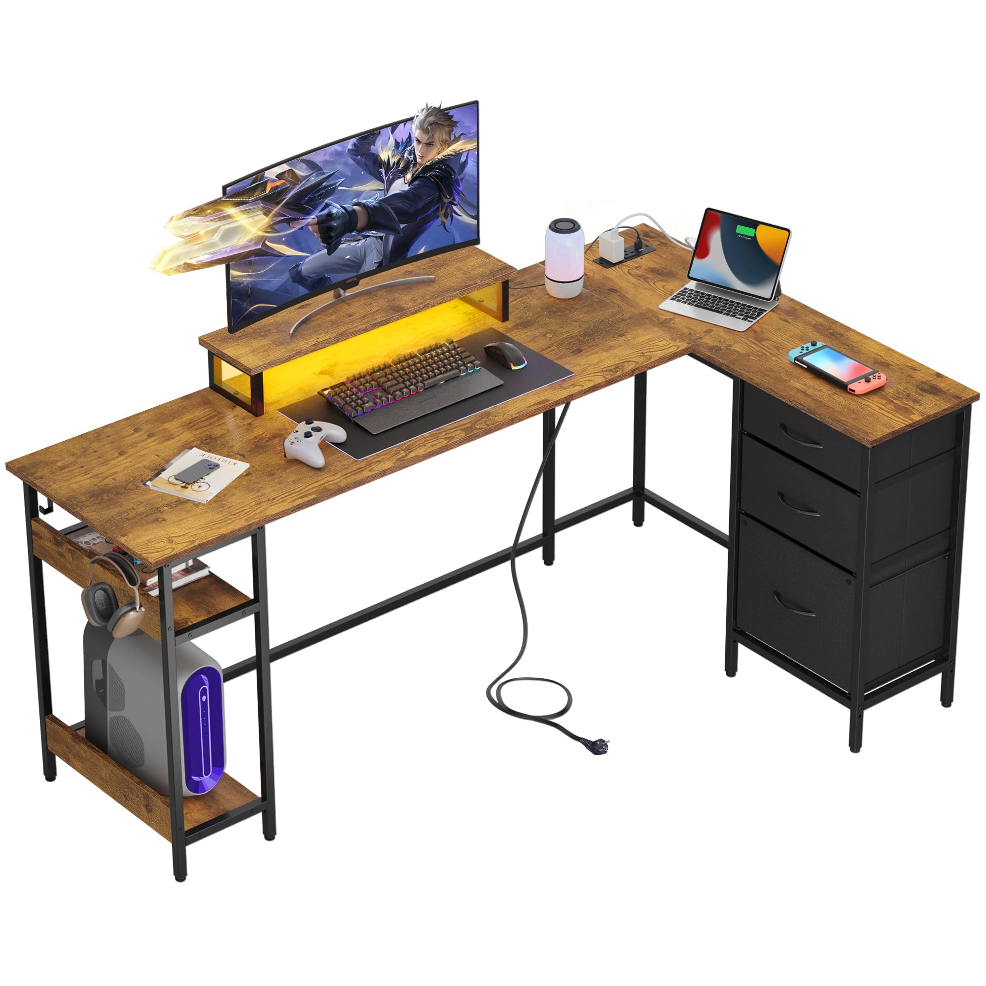 DEVAISE 168×103cm Gaming Desk, Corner Desk with Drawer, for Home Office, Rustic Brown