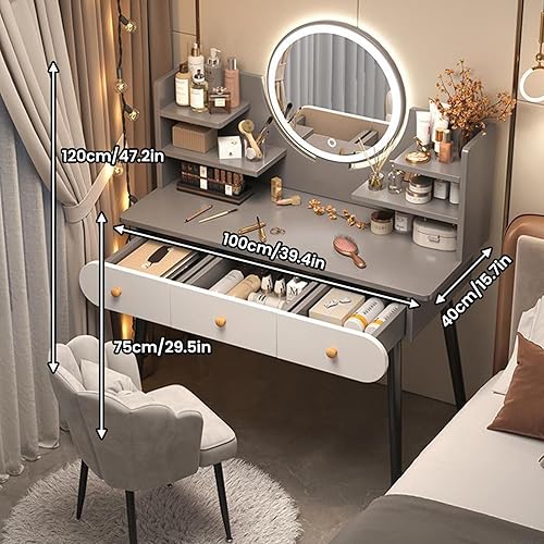 Miniatura 2 de Mesa de tocador de maquillaje con 3 cajones y 4 estantes, escritorio de tocador con espejo iluminado LED, brillo ajustable de iluminación, mesas de