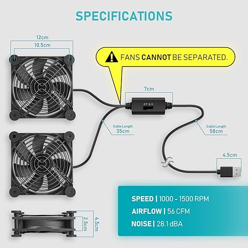 Miniatura 6 de ANEXT, Ventilador de computadora USB de 4.724 in, ventilador negro, ventilador de 4.73 pulgadas, ventiladores silenciosos para receptor DVR