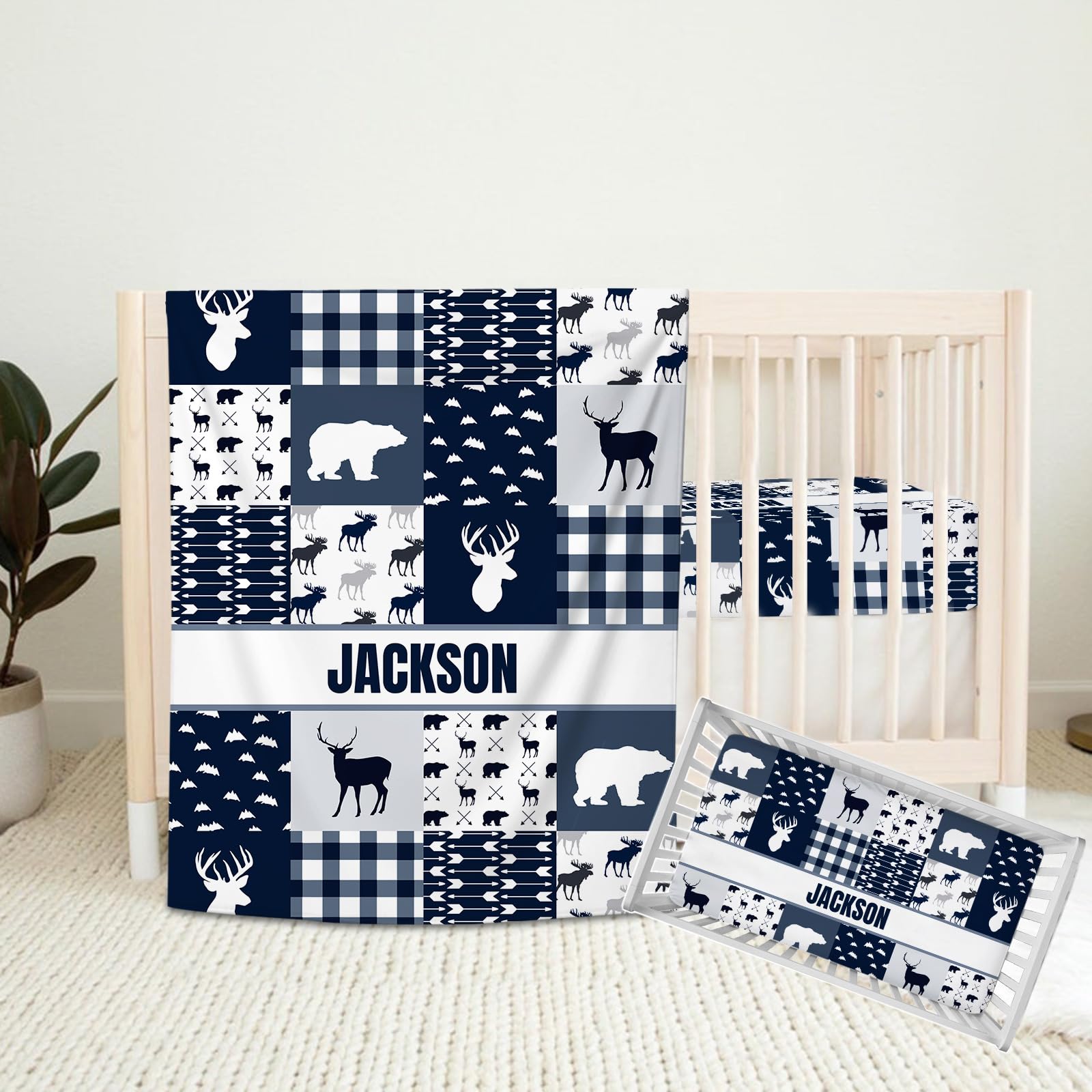 Personalized Baby Crib Bedding Set for Baby Boys, Custom Woodland Deer Blue Nursery Bedding Sets with Name, 2 Piece Crib Bedding Sets, Crib Comforter, Crib Fitted Sheets for Baby, Baby Essentials