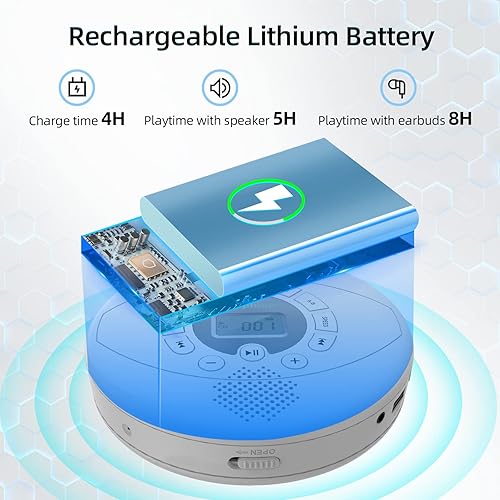 Miniatura 8 de Reproductor de CD portátil, recargable Discman, reproductor de CD Walkman con altavoz, reproductor de CD portátil con auriculares, CD-R, MP3 USB,