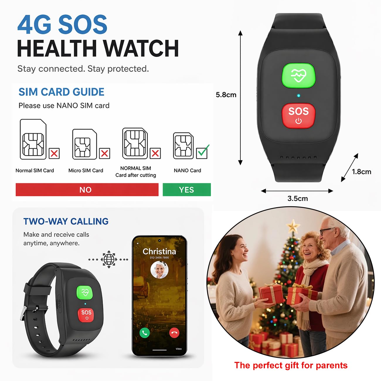 Bracciale Salvavita Anziani Personale Orologio SOS Anziani Anticaduta Rilevamento Cadute Localizzazione Bracciale GPS Notifica di Caduta per Smartphone Black,5.8 * 3.5 * 1.8cm