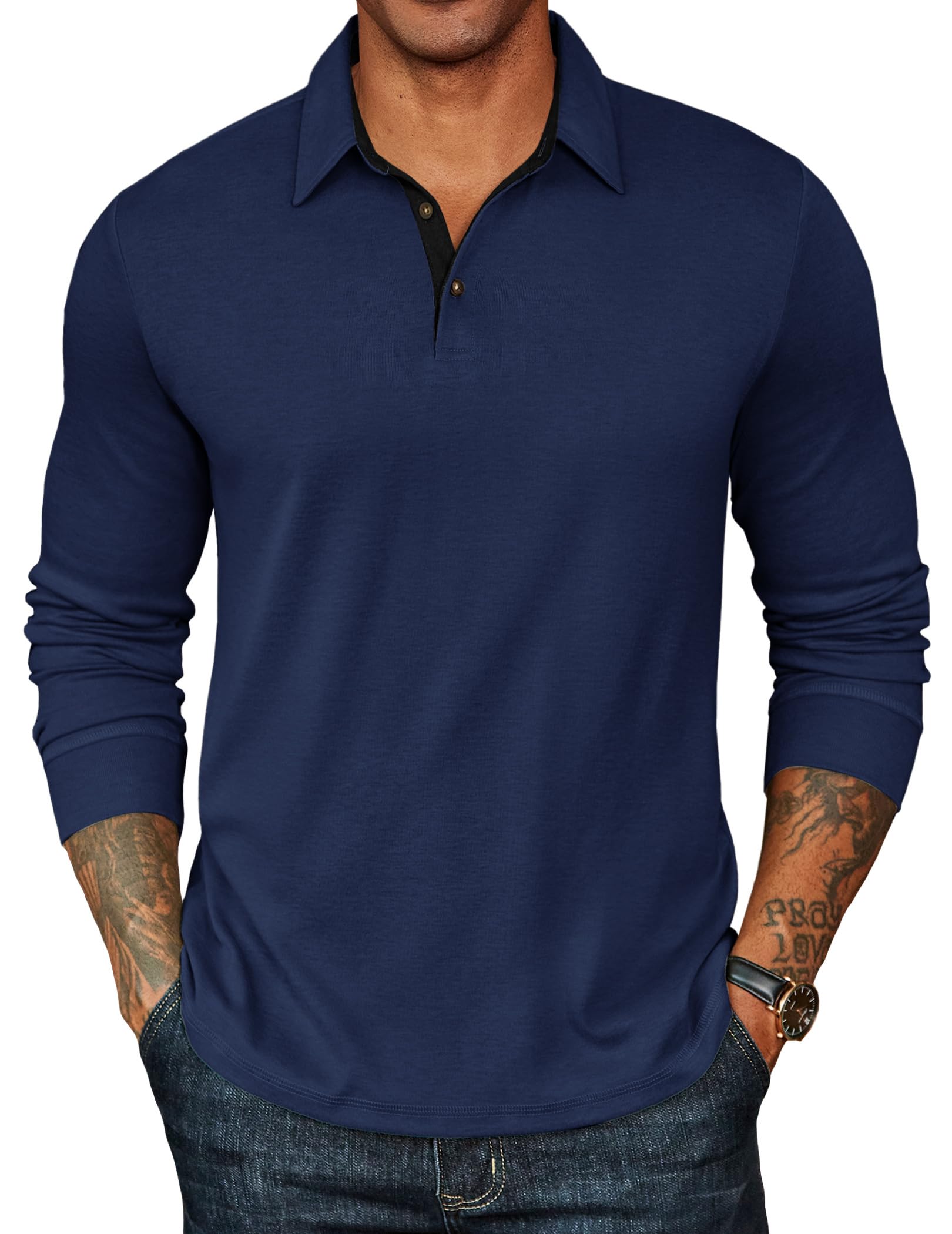 Mens Long Sleeve Polo Shirts Classic Casual Button Polo Tee Lightweight Collared Golf Shirt