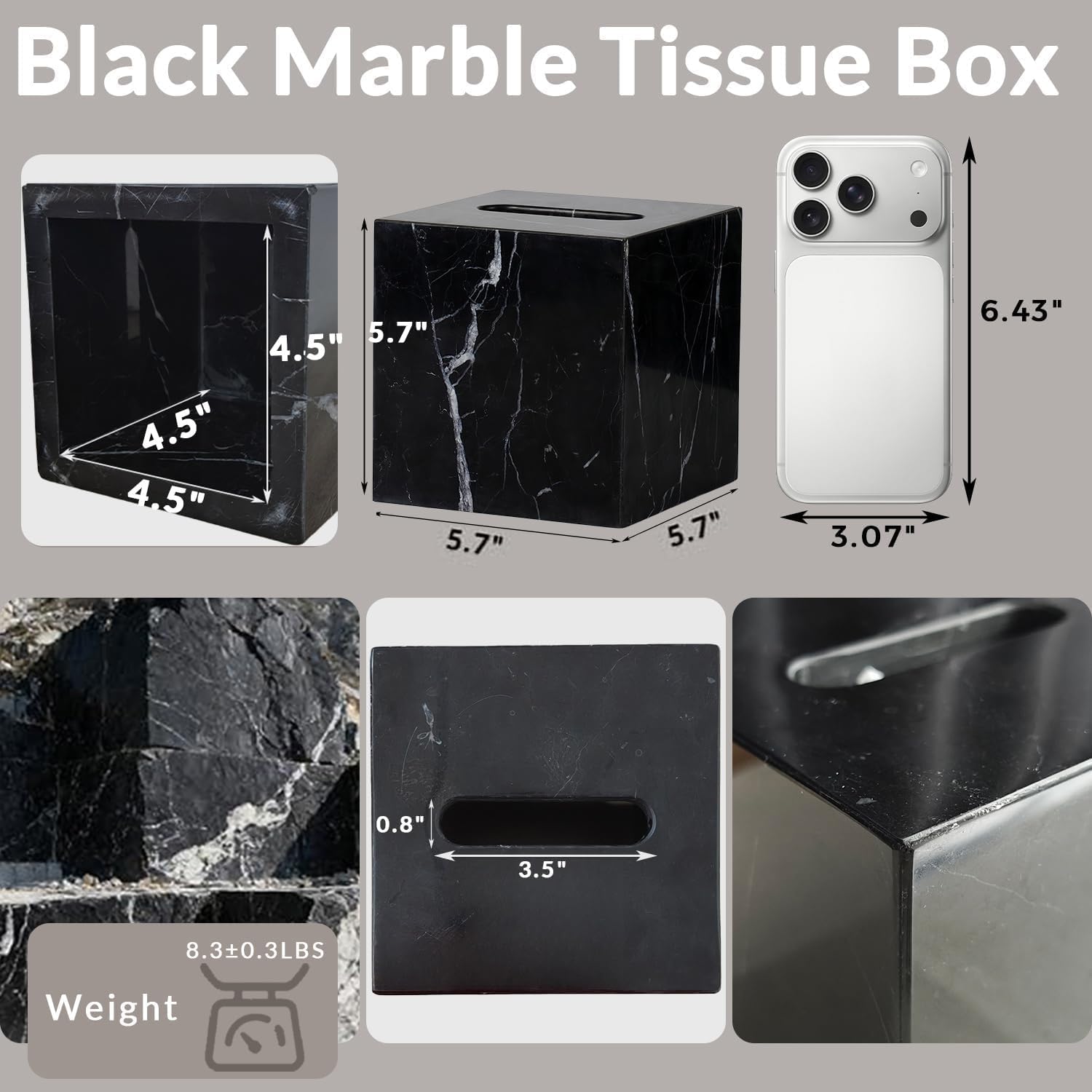 Natural Black Marble Tissue Box Cover Square, Organic Stone Marble Bathroom Accessories, Removable Tissue Box Holders, Premium Napkin Holder for Bathroom, Living Room, Bedroom, Office, Toilet