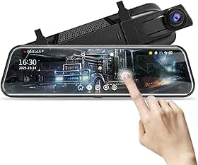 Câmera Retrovisora de 10", Dash Cam 1080P Dianteira e Traseira para Carro, Câmera de Ré com Tela Sensível ao Toque, Monitor de Estacionamento, Assistente de Ré, Inclui Cartão 64GB