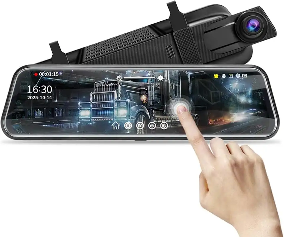 Espelho Câmera 10" Touch IPS HD Duplo Canal (1920p+1080p) - 170° Ângulo Ultra Amplo e Função Espelho, Gravador de Mídia com Sensor de Impacto (G-Sensor), Gravação em Loop, Câmera de Ré e Cartão 64GB
