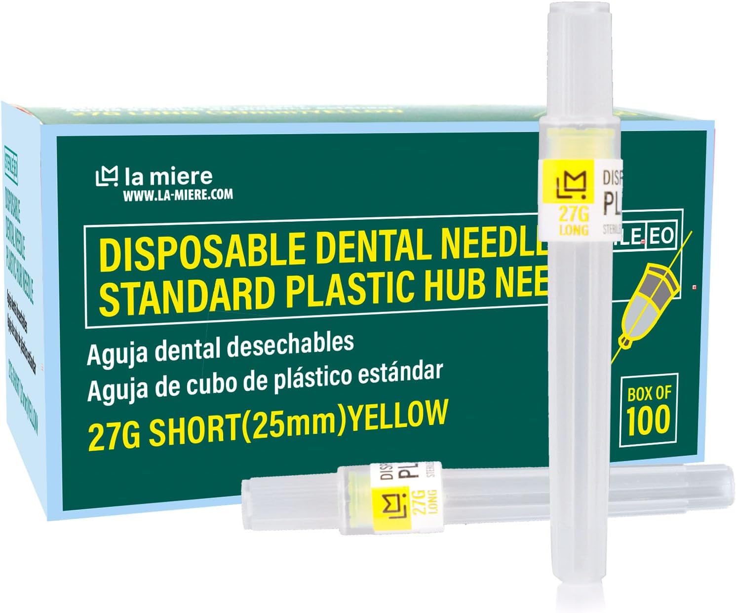 LA MIERE 100P Disposable Premium Dental Plastic Hub Needles in Perforated Box 27G , Length 21mm