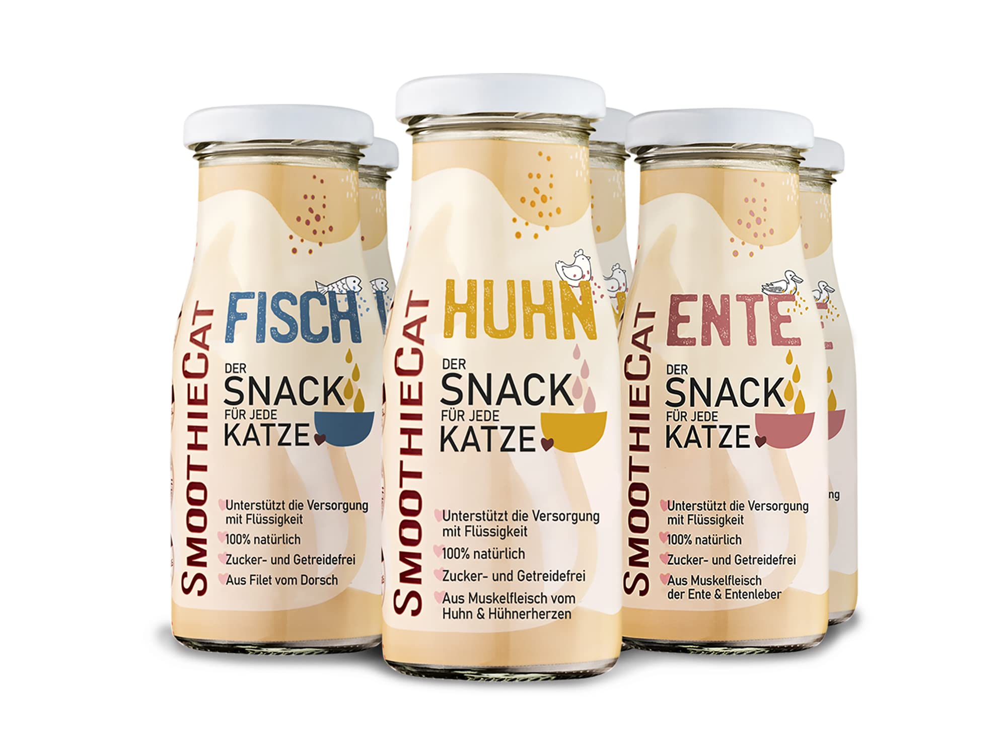 Katzen Smoothie SmoothieCat 6er Mix - je 2X: Huhn, Ente, Fisch - Flüssignahrung für Katzen - Katzensuppe - Katzenmilch - Zucker- & glutenfrei - je 150ml