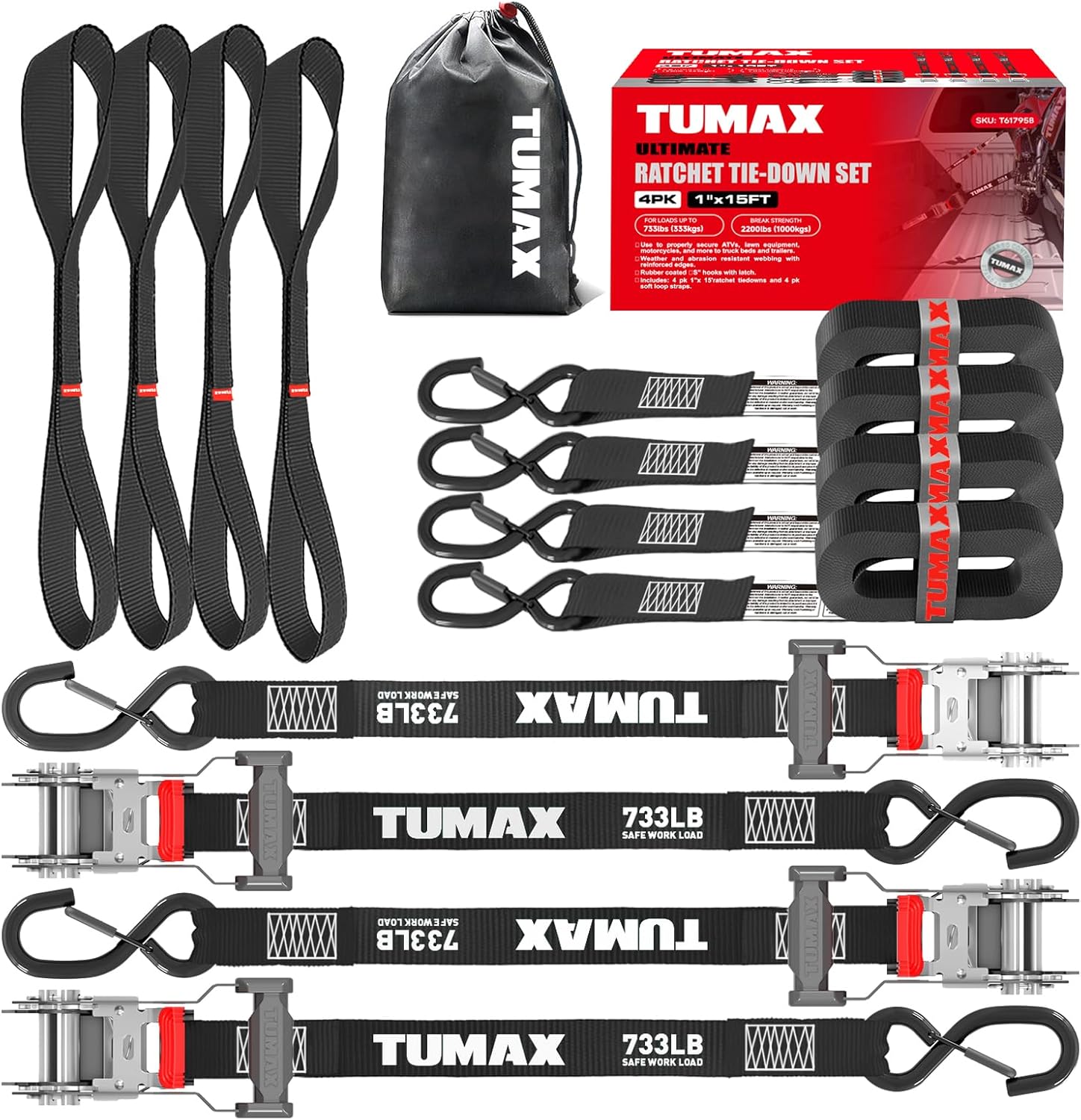 Ratchet Straps Heavy Duty 4 Pack -1" x15 FT - 2200 LB Break Strength – with Safety Lock S Hooks - Cargo Straps for Moving, Appliances, Motorcycle,Truck – Soft Loop Tie Down Straps (Black)