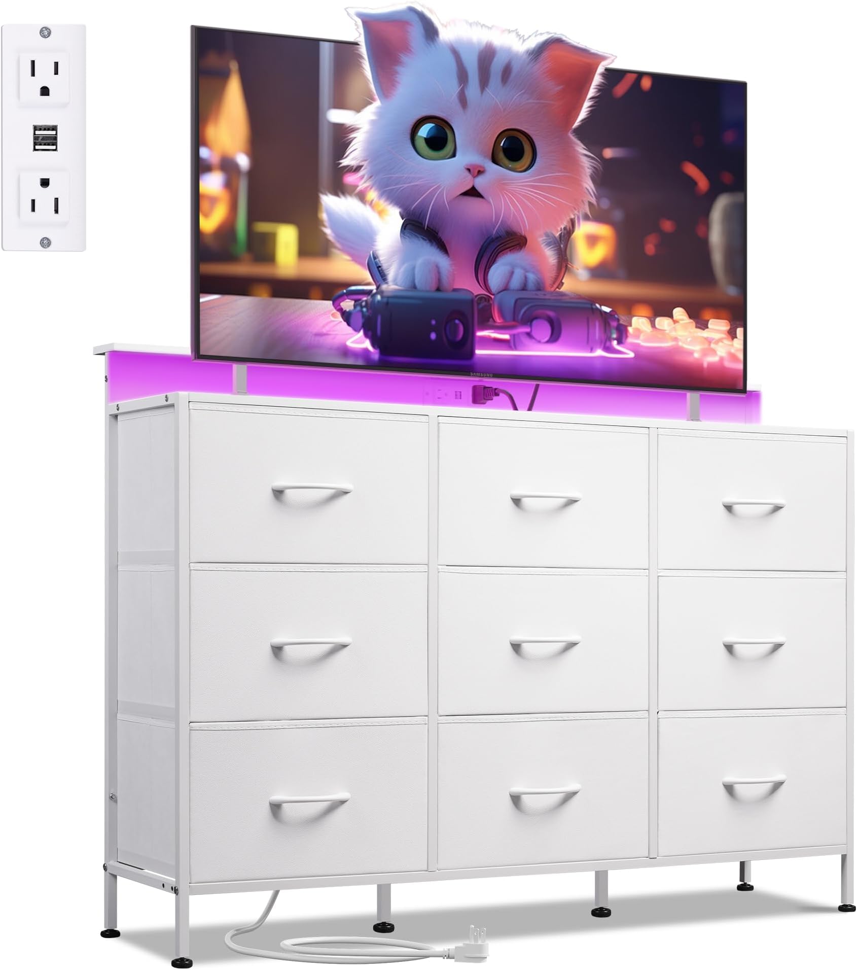 WLIVE White Dresser TV Stand 9 Drawers, Fabric Chest of Drawers LED Lights
