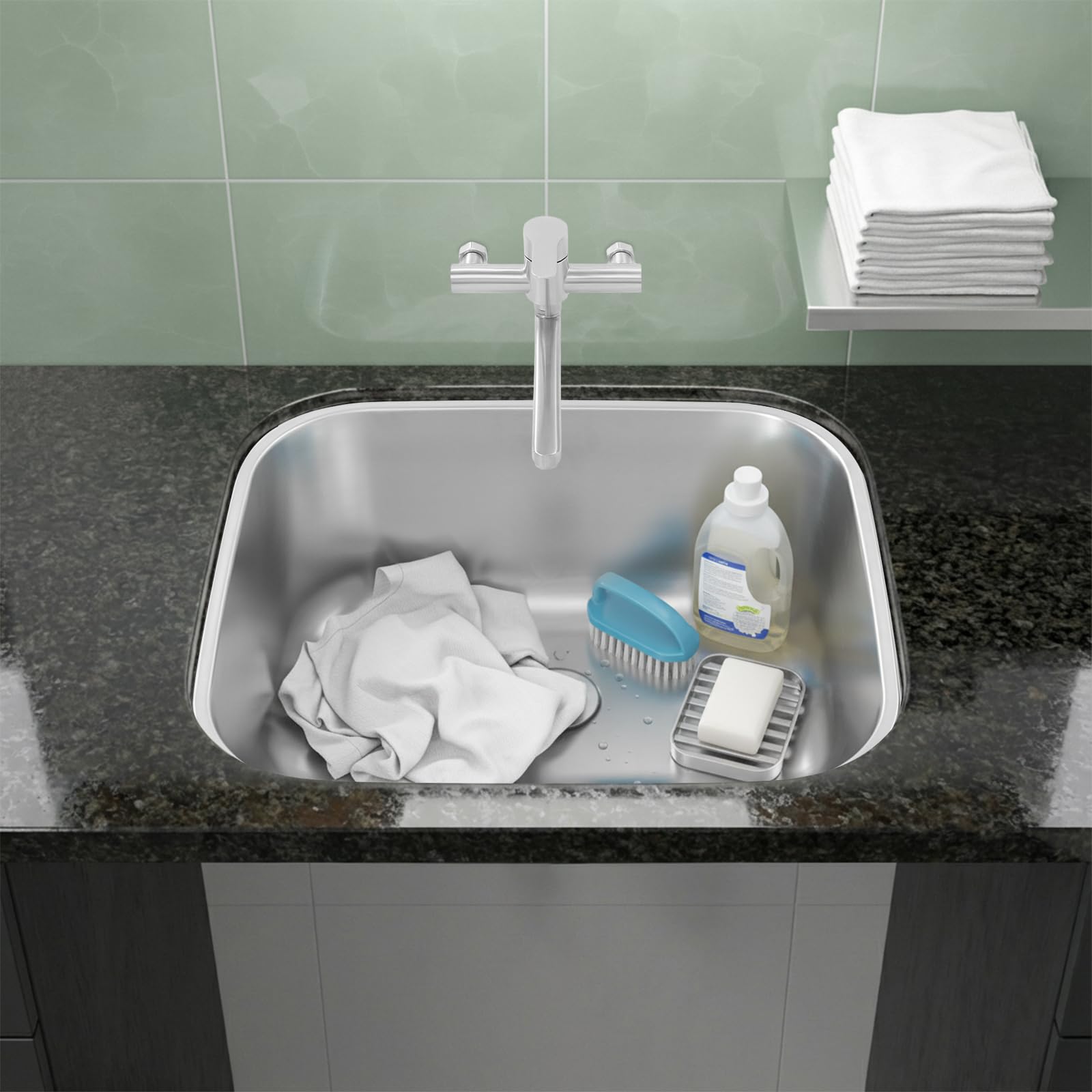 Lavello da cucina in acciaio inox con rubinetto, lavello con mensola, grande lavello da cucina da 30 l, lavello da incasso per lavanderia, balcone, cucina