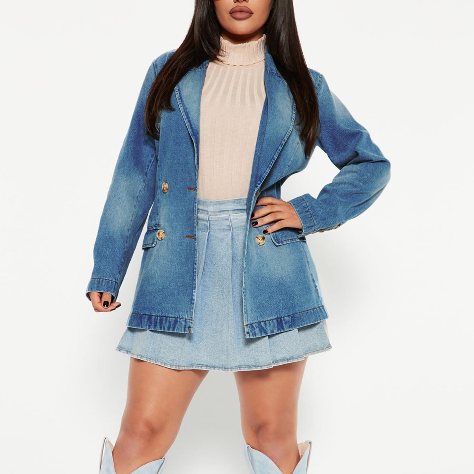 Chaqueta Vaquera con Solapa para Mujer Blazer Vaquera Lavada Vintage Chaqueta de Mezclilla de Trabajo de Manga Larga Moda Botones Abrigo Jean Cazadora Vaquera Informal con Bolsillos