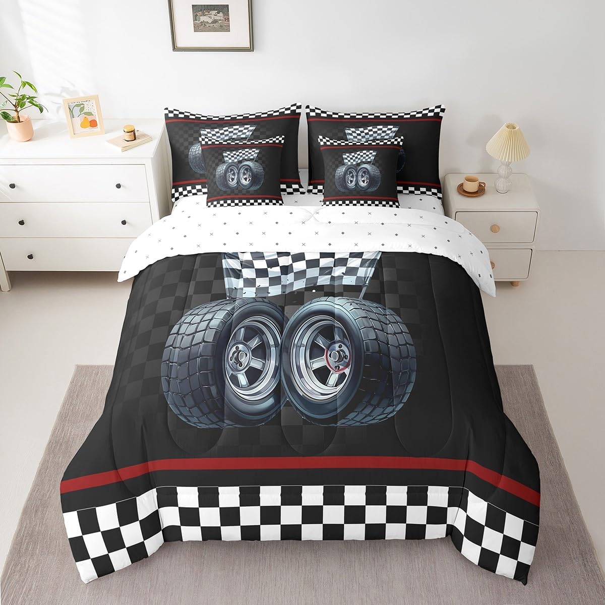3D Red Formula Car Comforter Set 7 Pieces Reversible,Cool Racing Car Bed Set,Racing Speed Sport Bedding Soft Microfiber,Queen (1 Comforter,2 Pillowcase,2 Pillow Covers,1 Flat Sheet,1 Fitted Sheet)