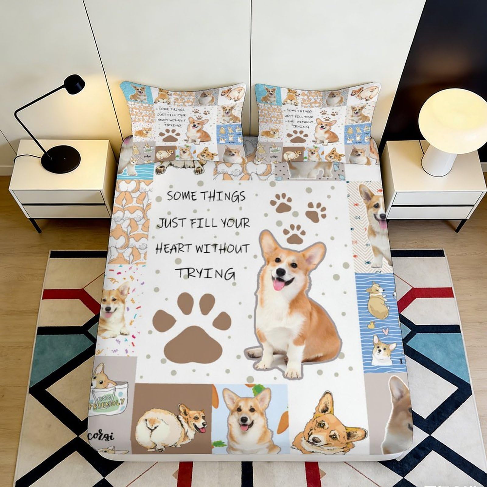 3D Printed Corgi Dog Fitted Sheet Microfiber Soft Breathable Paw Print Bed Sheet for Bedroom Guest Room Decor 90x200x25cm