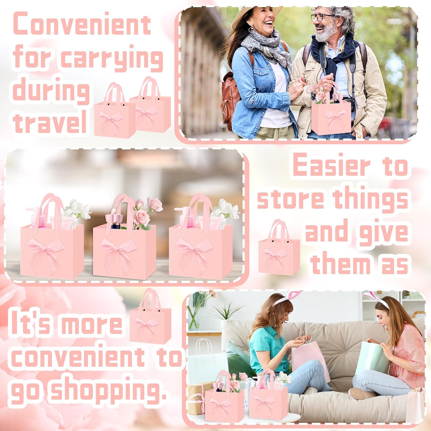 50 Pcs Small Gift Bags with Bow Ribbon 4'' x 2.7'' x 4.5'' Mini Pink Paper Thank You Bags No DIY Goody Treat with Handle for Pink Party Birthday Weddings Valentine's Day Weddings Holiday Supplies - Image 5