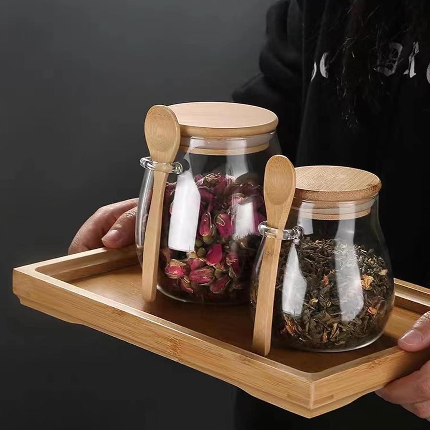 Airtight glass jar storage container with bamboo lid Set of 4, wide mouth, leak-proof, With a spoon, can be used for coffee beans, tea leaves, grains, dried fruits, etc (Large*4PCS)