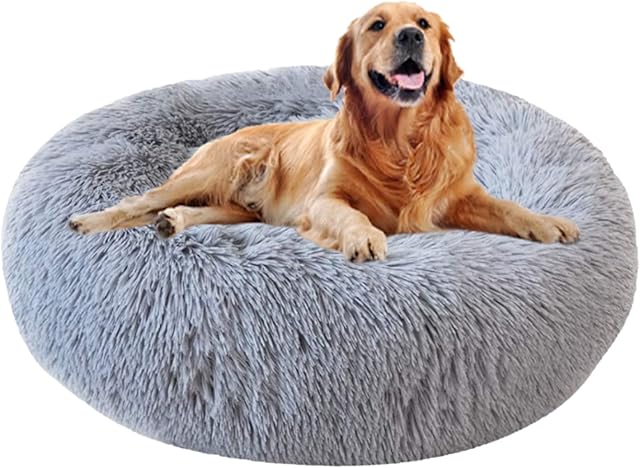 TUAKIMCE Cosy Donut Dog Bed Medium Washable, Fluffy Plush Round Donut Calming Dog Bed Cuddler Kennel Snuggle Pet Cushion Sofa Bed Medium Large Dog, Anti-Slip Bottom (Ø 80 cm, Grey)