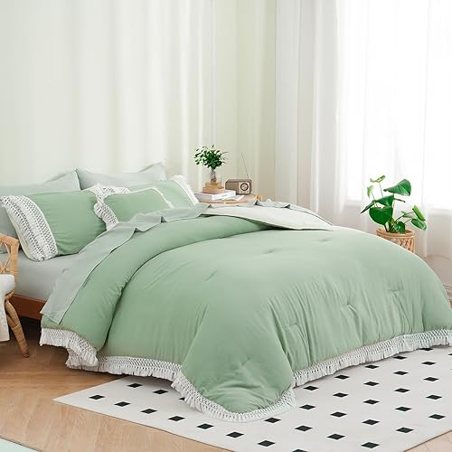 Miniatura 5 de Juego de edredón bohemio tamaño King de 8 piezas en una bolsa, juego de ropa de cama verde con 1 edredón con borlas, 1 sábana encimera, 1 sábana