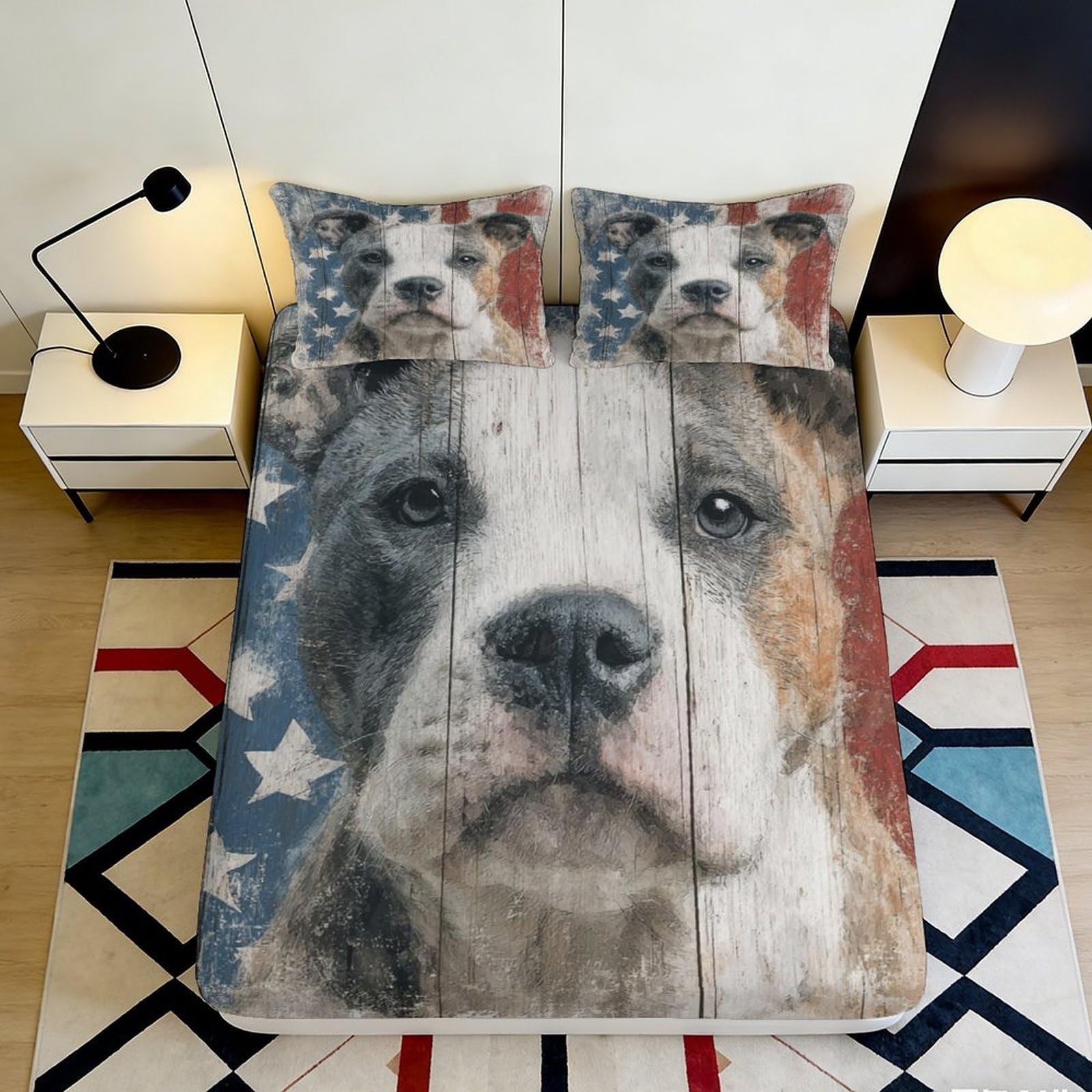 3D Printed American Flag Dog Fitted Sheet Microfiber Soft Bed Cover for Bedroom Dorm Decorative Protection 90x200x25cm