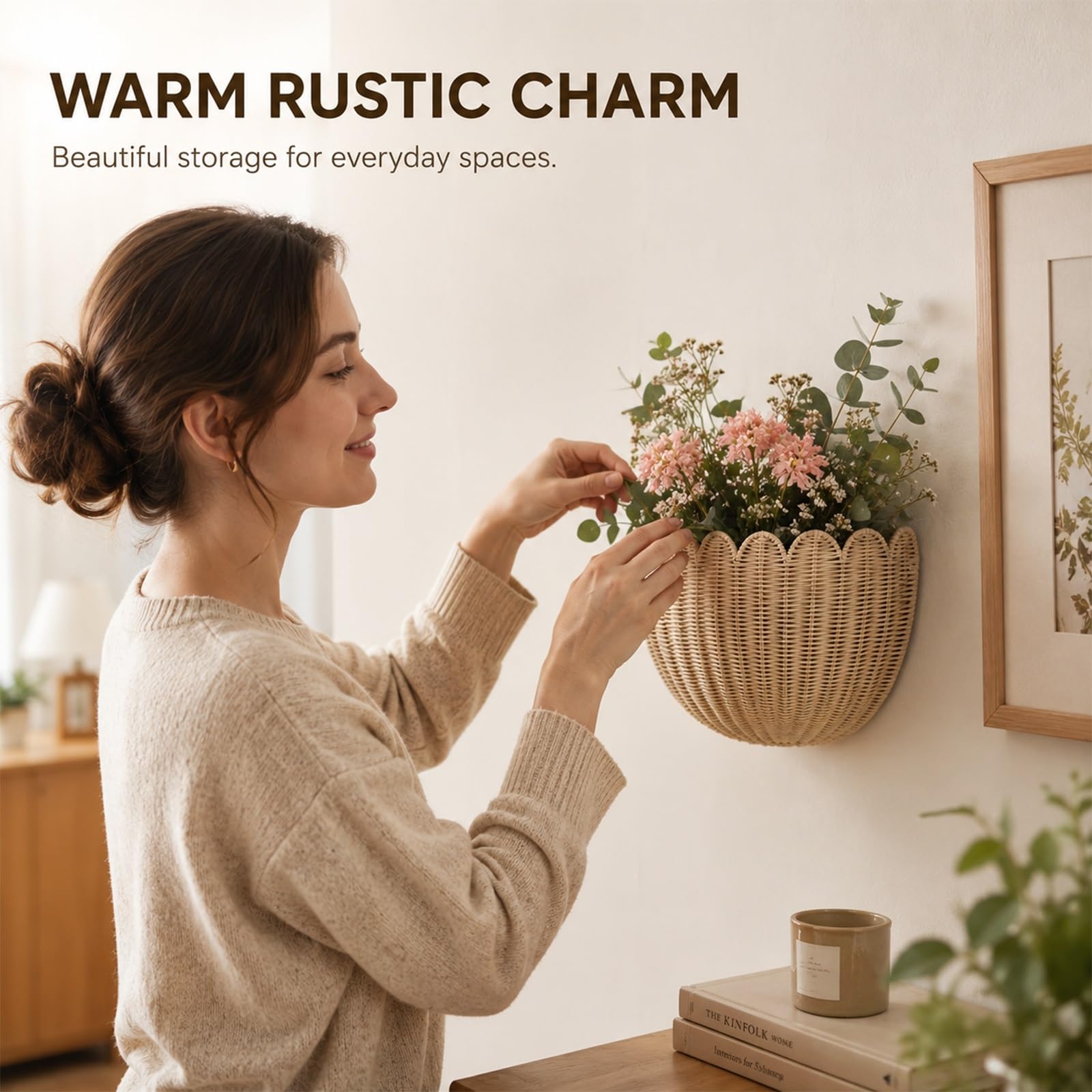 Falowany Kosz Ścienny W Stylu Wiklinowym, Wiszący Organizer Rattanowy Na Rośliny, Kosmetyki, Przedpokój, Kuchnię, Łazienkę I Salon(Rattan,2pcs)