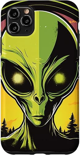 Vista 25 de iPhone 14 Pro Cute Green Alien Head UFO Space Face Alien Case