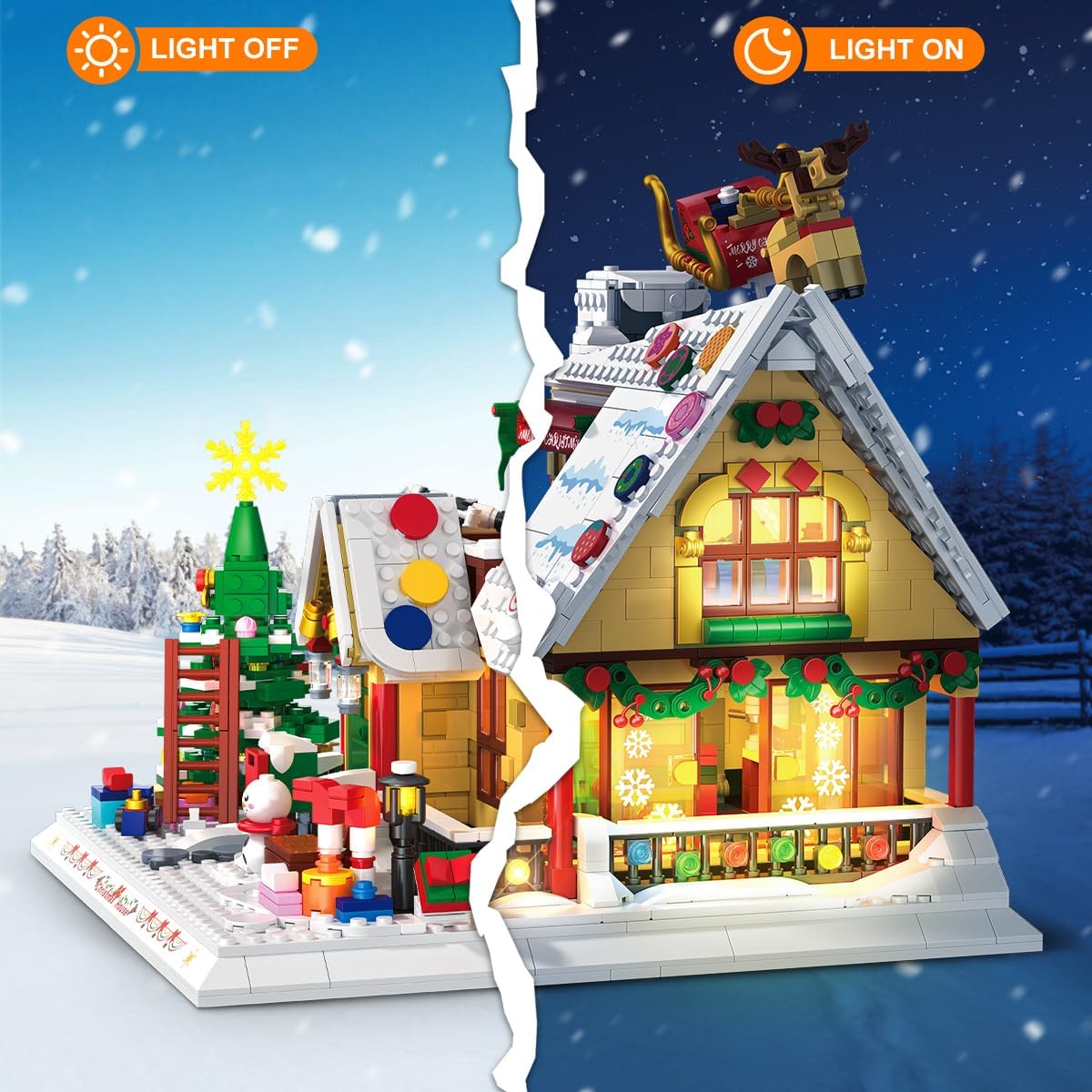 Split image showing the Christmas house with lights off on the left (daytime scene) and lights on on the right (nighttime scene), highlighting the LED feature.