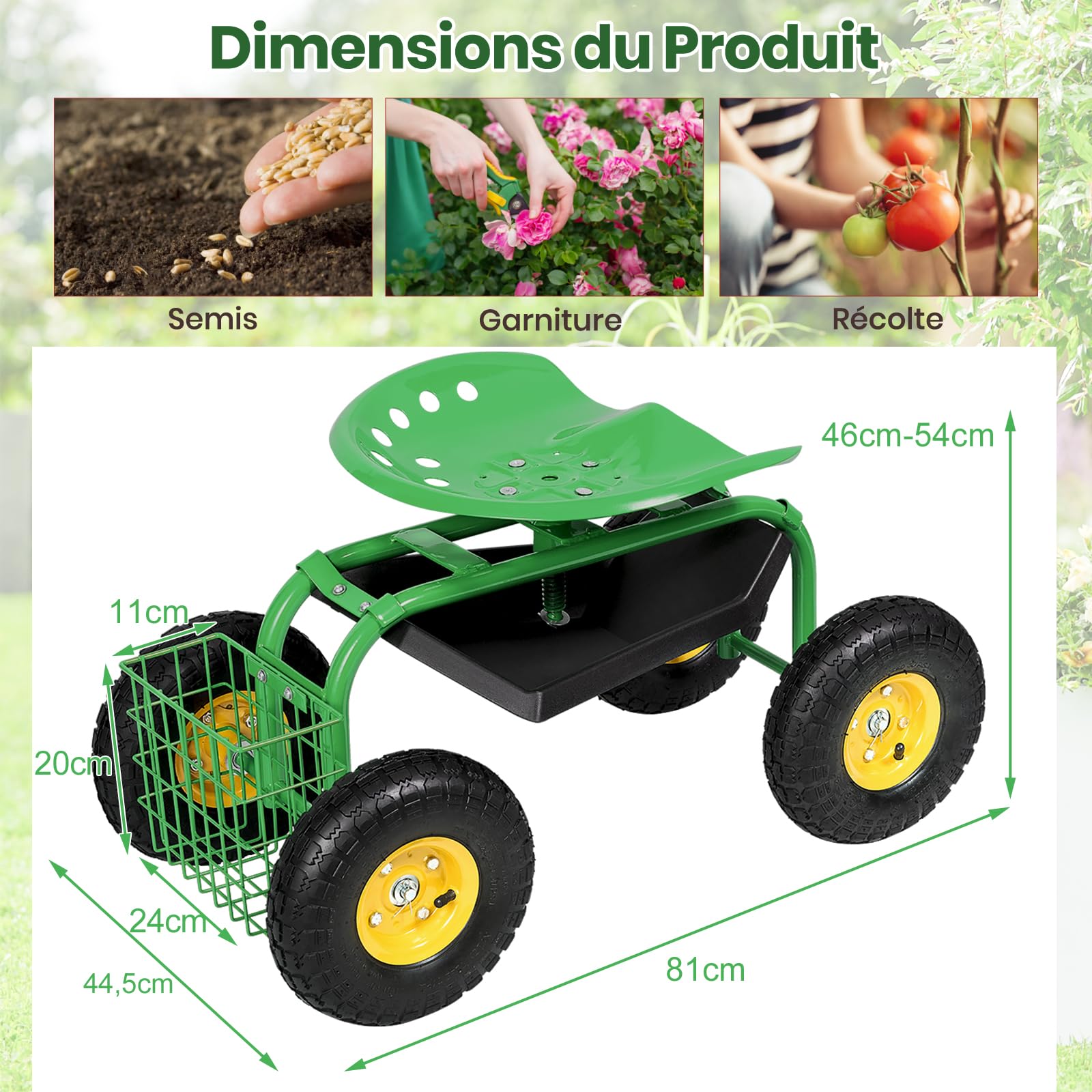GOPLUS Asiento de Jardín Giratorio de 360°, Cesta de Almacenamiento para Herramientas, Taburete y Asiento de Trabajo Exterior, Altura Ajustable, para Jardinería y Plantación, Carga 150 kg (Verde)