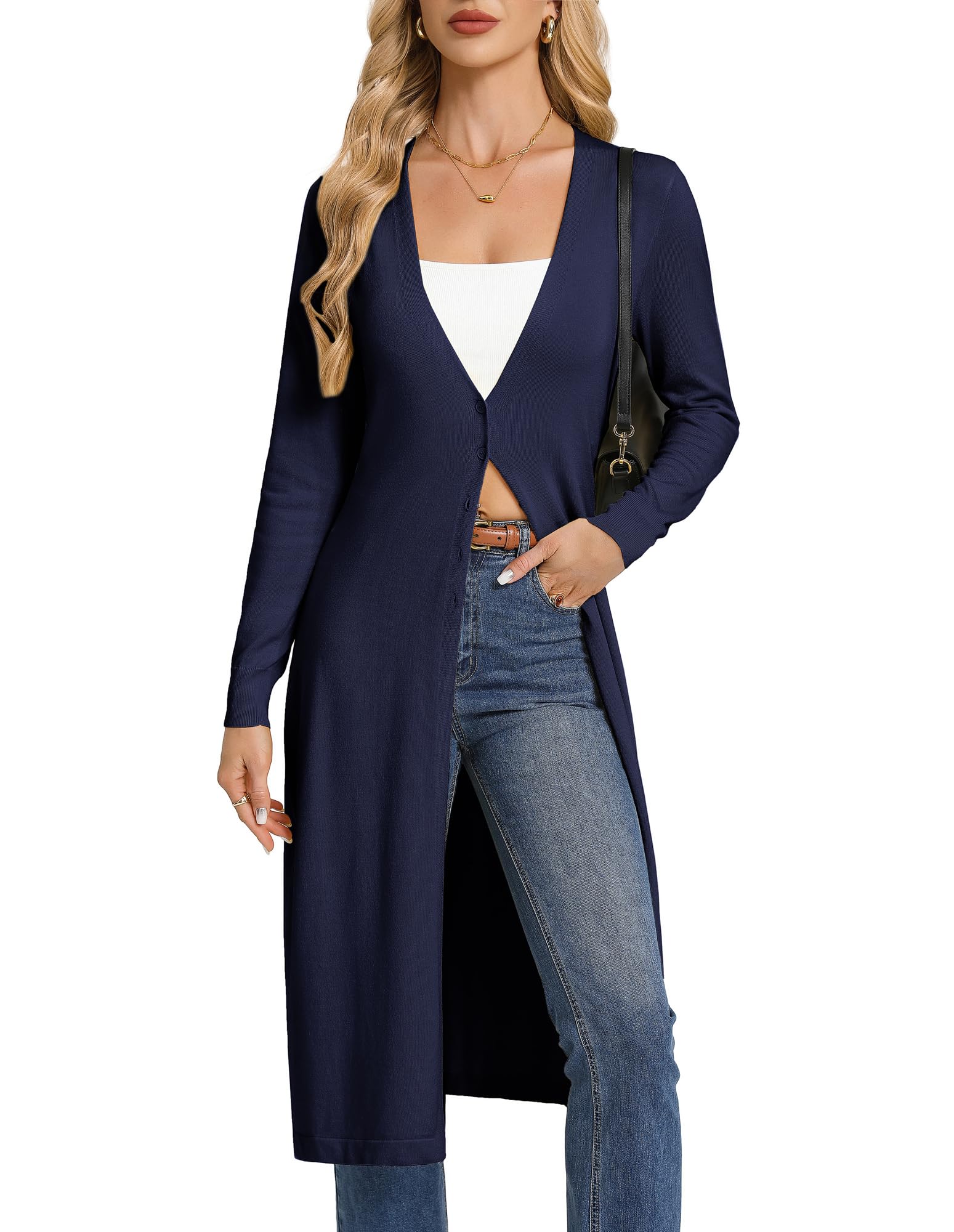 GRACE KARIN Damen Leichtes Lang Strickjacke Langarm Cardigan Mit Elegant V-Ausschnitt Und Knöpfen