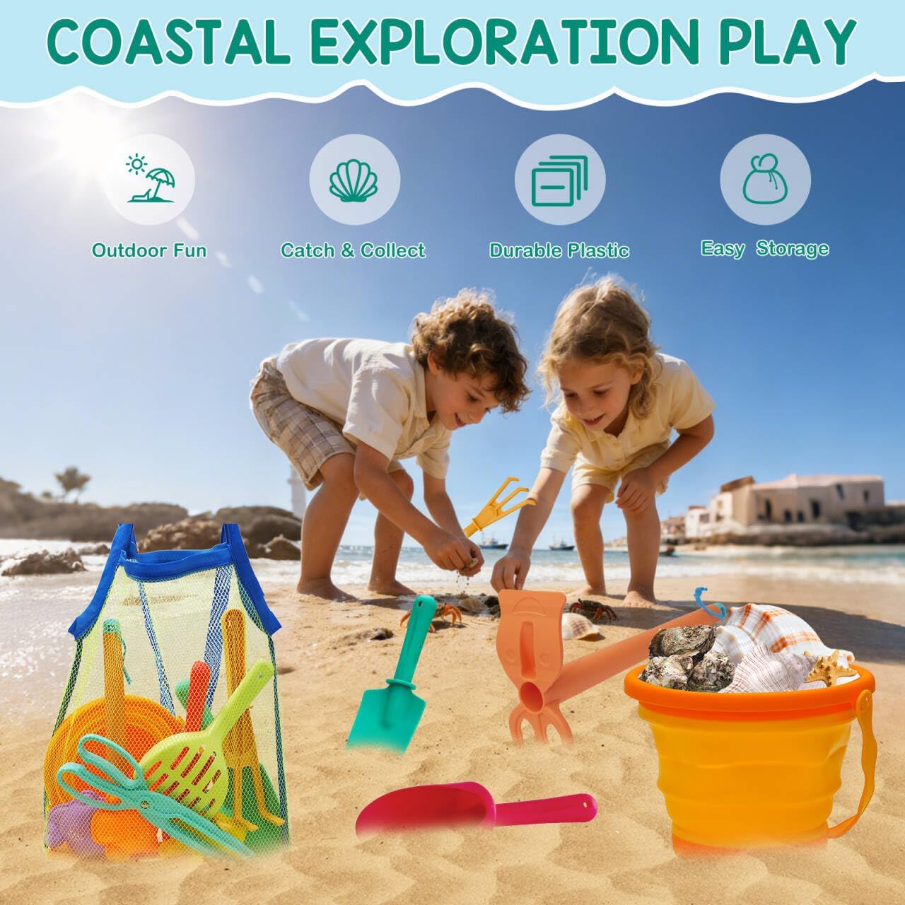 Beach Toy Set for Kids Sand Toys Summer Outdoor Play with Mesh Bag-Includes Collapsible Bucket, Mesh Shovel, Sand Shovel,Scissors Pliers,Rake Mold Kit