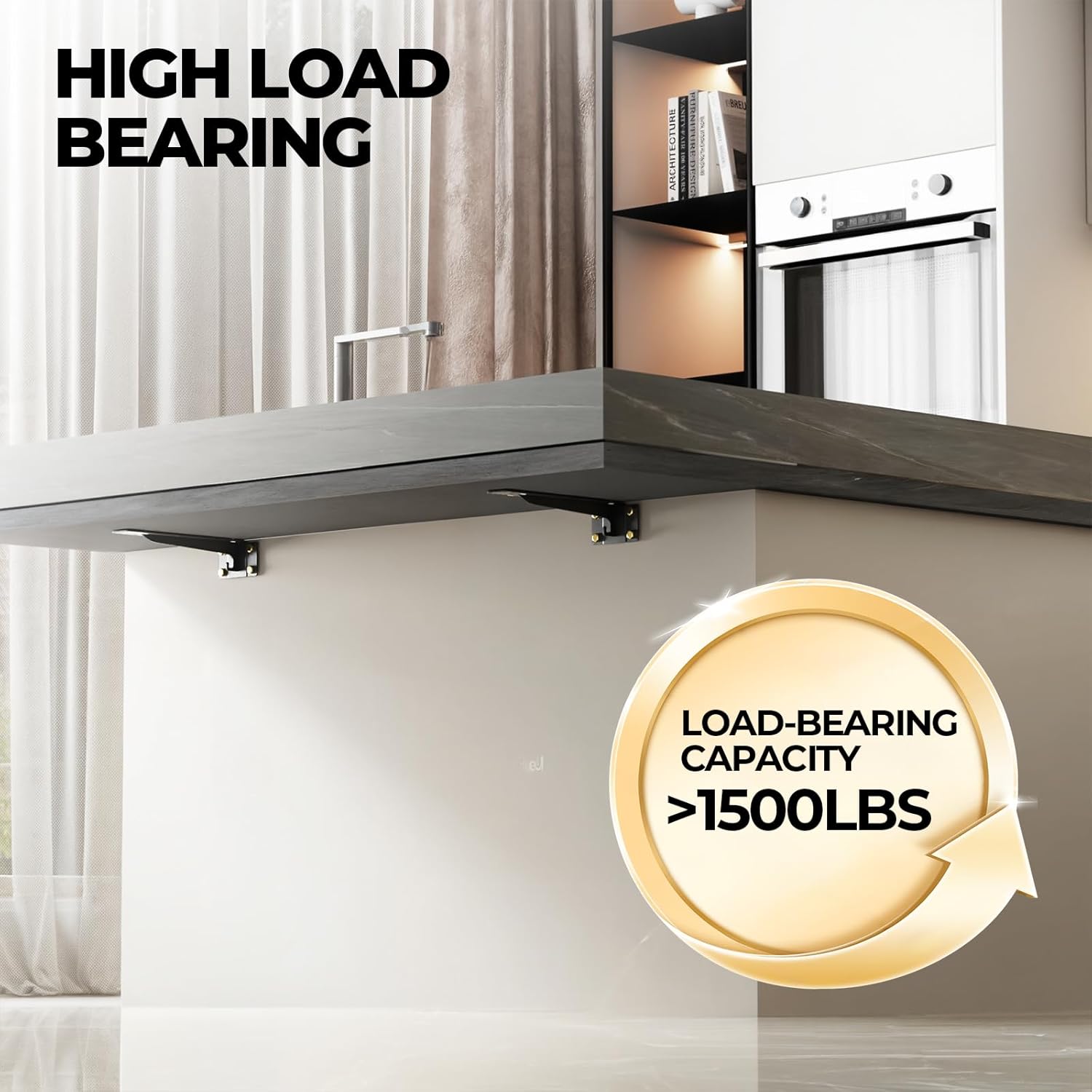 8" Heavy Duty Shelf Brackets (Set of 6) - 1500 lbs Capacity, Hooks for Wall Mounted Shelves,L-Shaped Floating Shelf Brackets with Hanging - Industrial Strength, Black