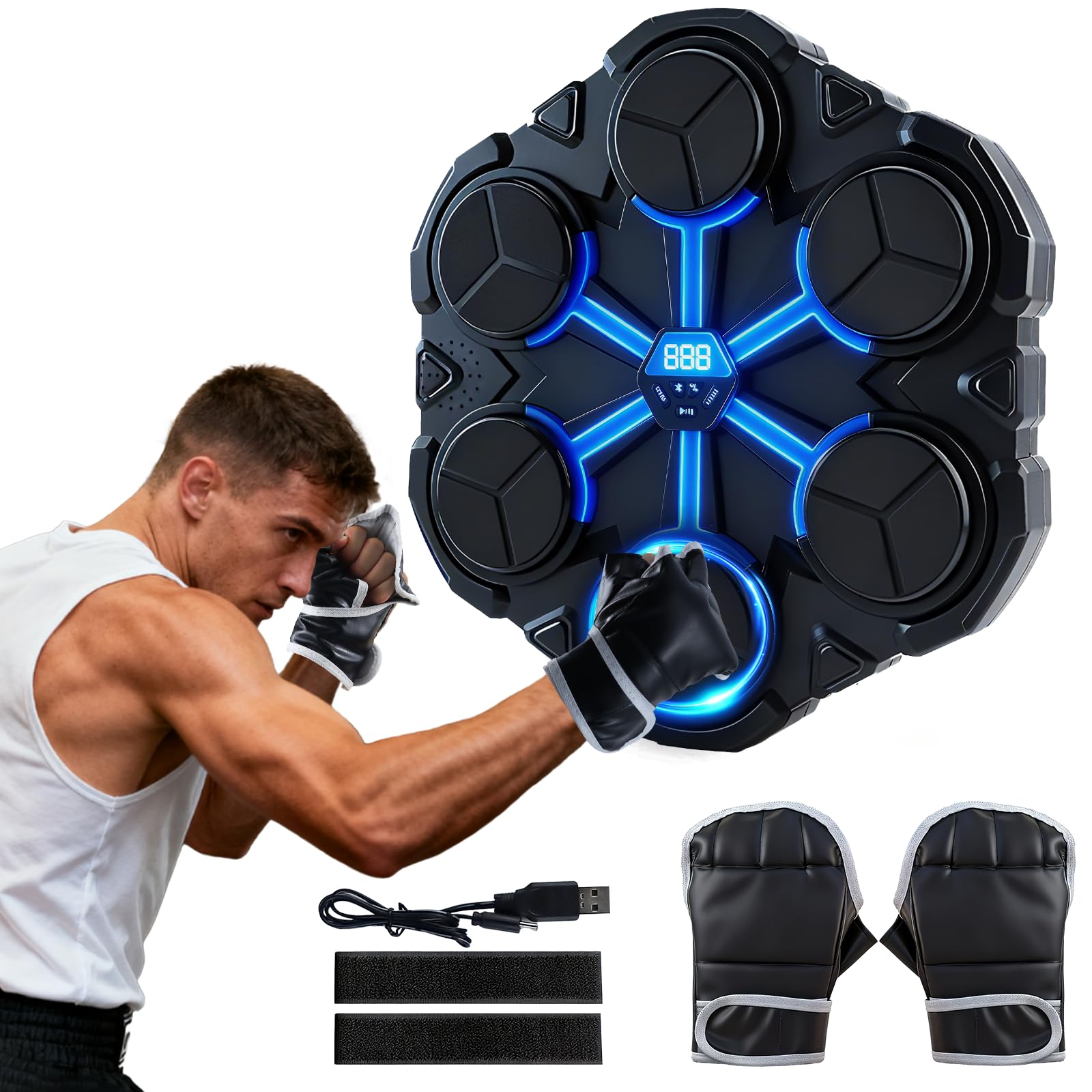 Entrenador de boxeo musical Bluetooth con luces LED, saco de boxeo de silicona de 9 niveles, montaje en pared, juego de fitness con guantes, 3 modos, regalo para adultos/niños, regalo para Navidad