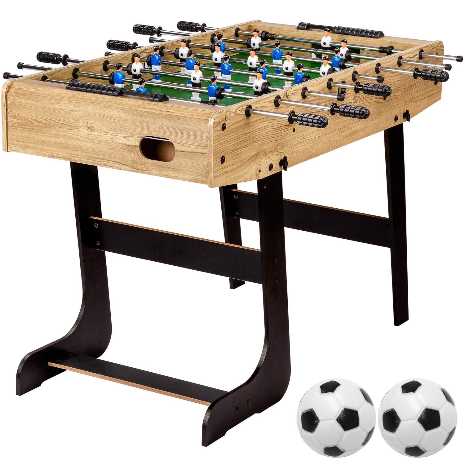 GAMES PLANET Tischfussball „Belfast“, klappbar, Farbvarianten: Schwarz/weiß/Holzdekor hell oder Dunkelbraun/Soccer, nahtlos hochgezogene Spielfeldecken, inkl. 2 Bälle, Kicker Kickertisch Tischkicker
