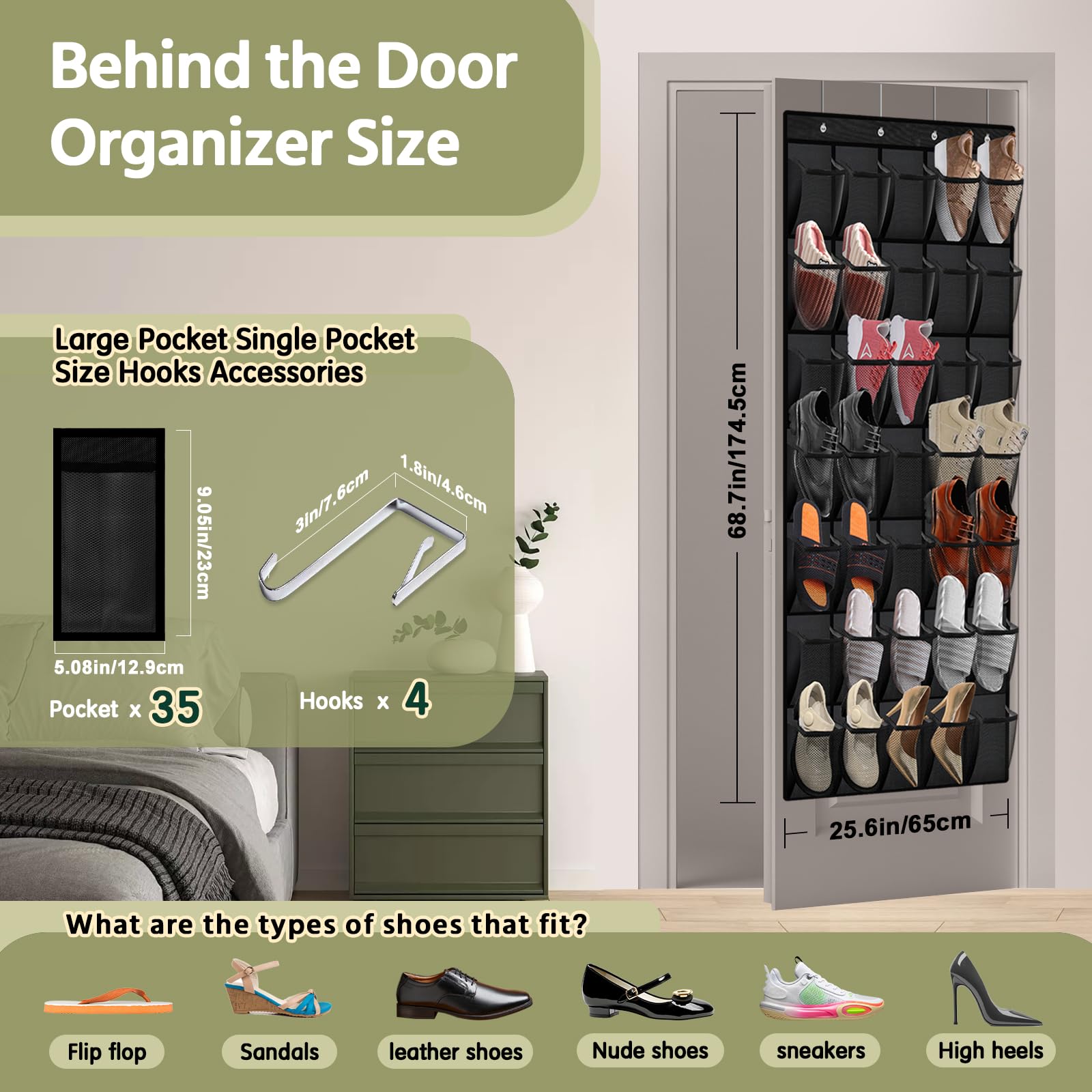 PAULONE Organizador de zapatos de 35 bolsillos sobre la puerta, bolsa de malla grande reutilizable transpirable para hombres y mujeres, organizador de zapatos para niños, bolsa colgante de