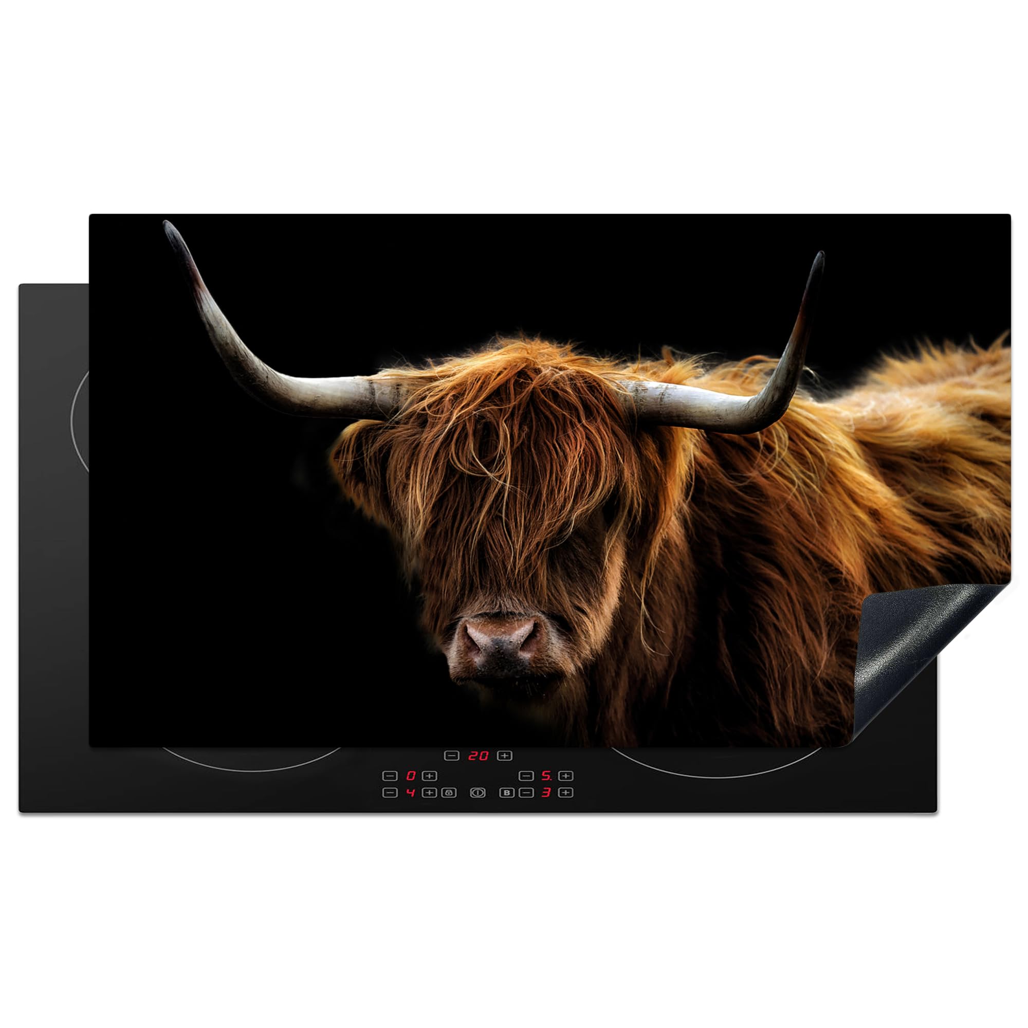 KitchenYeah© Induction Hob Protector Mat 20.5"x35.9" / 91.2x52 cm Cooker Top Protectors Cover Ceramic Covers Electric Hobs Vinyl Scottish Highlander - Horns - Black - Animals - Nature