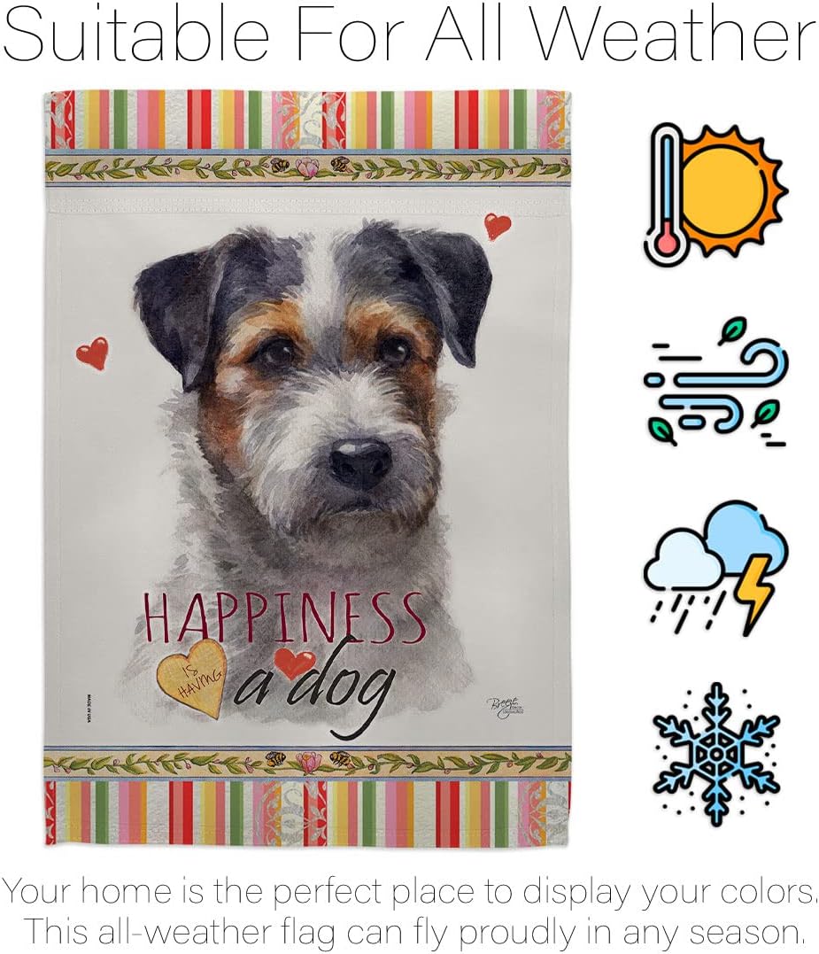 Breeze Decor Black Jack Russell Happiness Garden Flag Set with Stand Dog Puppy Spoiled Paw Canine Fur Pet Nature Farm Animal Creature House Banner Small Yard Gift Double-Sided, Made in USA